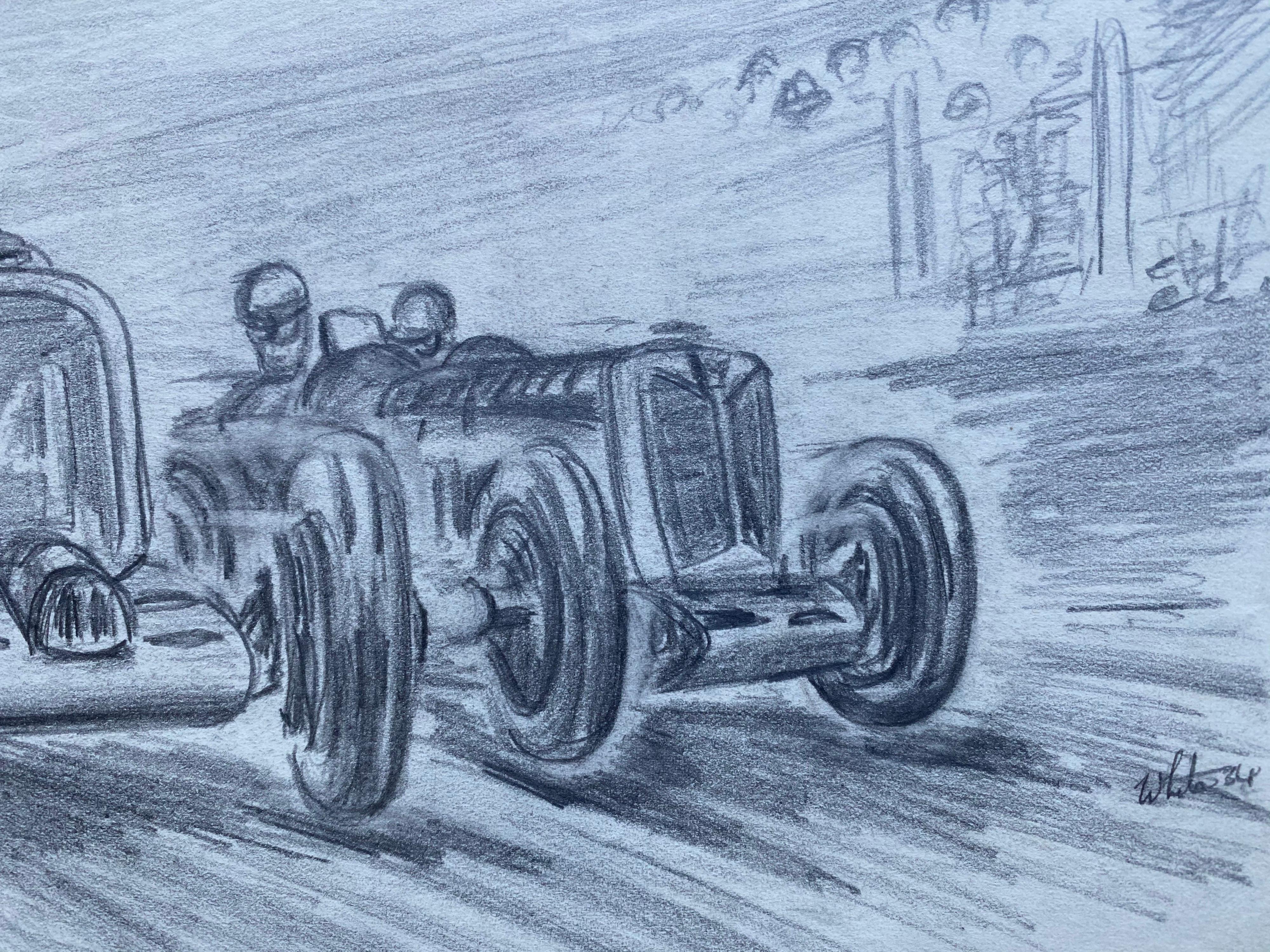 Art déco Drawing original de course automobile des années 1930, signé et daté en vente