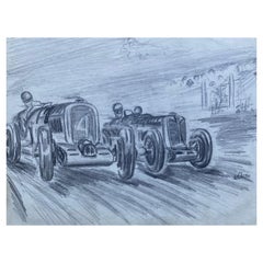 Disegno originale di auto da corsa d'epoca degli anni '30 firmato e datato