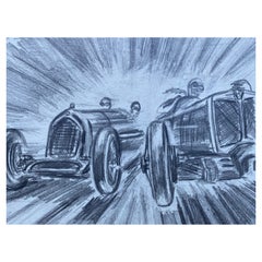 Original 1930's Vintage Motor Car Racing Original Drawing Signed Dated