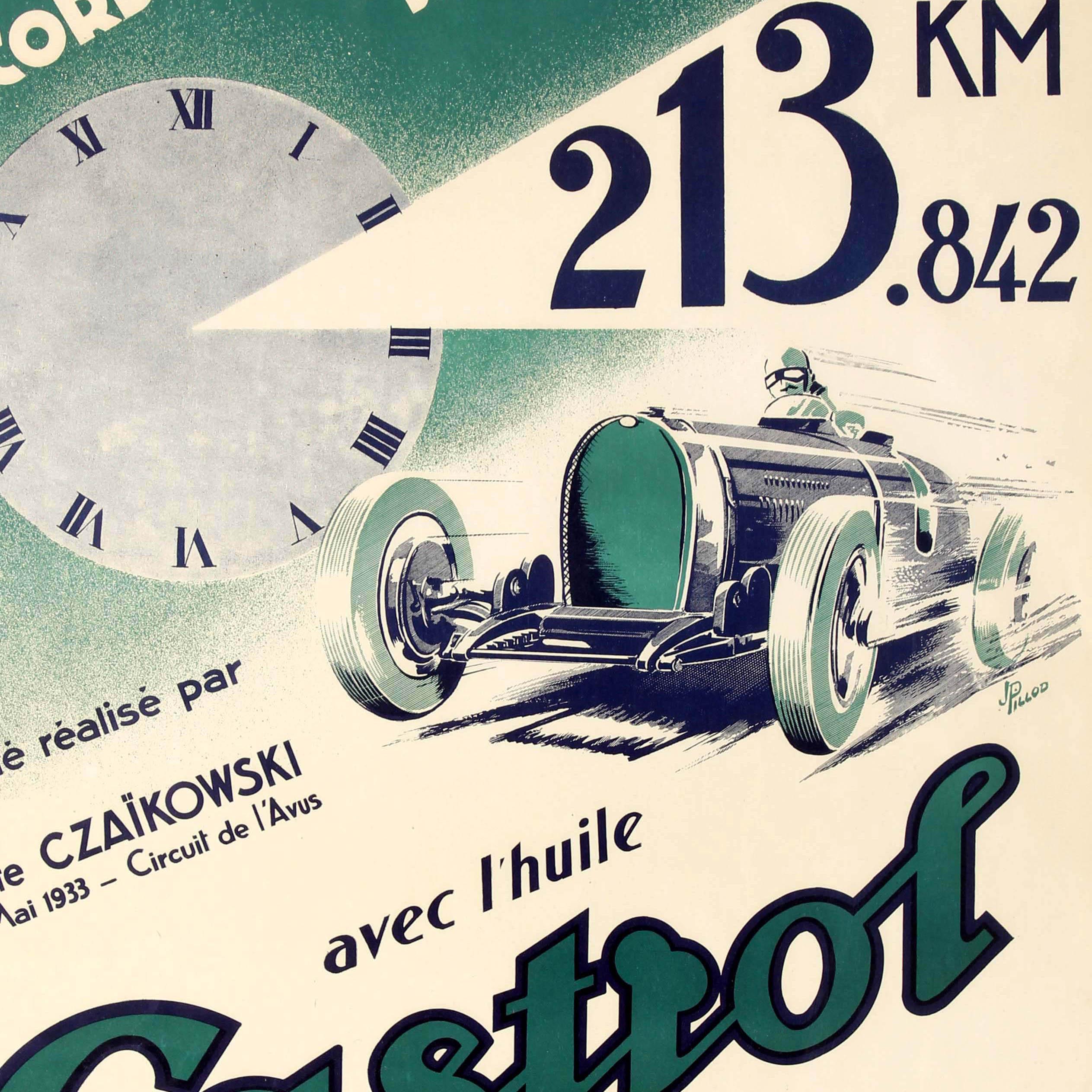 Original vintage motor racing poster published to celebrate the new world record achieved by Count Stanislas Czaikowski of Poland on the Avus race track in Berlin on 5 May 1933 in his 4.9 Bugatti car sponsored by Castrol oil. Dynamic illustration in