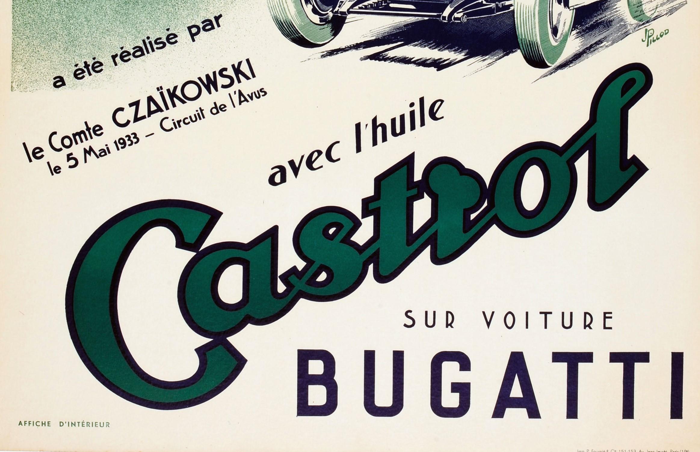 Art Deco Original 1933 Bugatti World Record Motor Racing Poster Sponsored by Castrol Oil