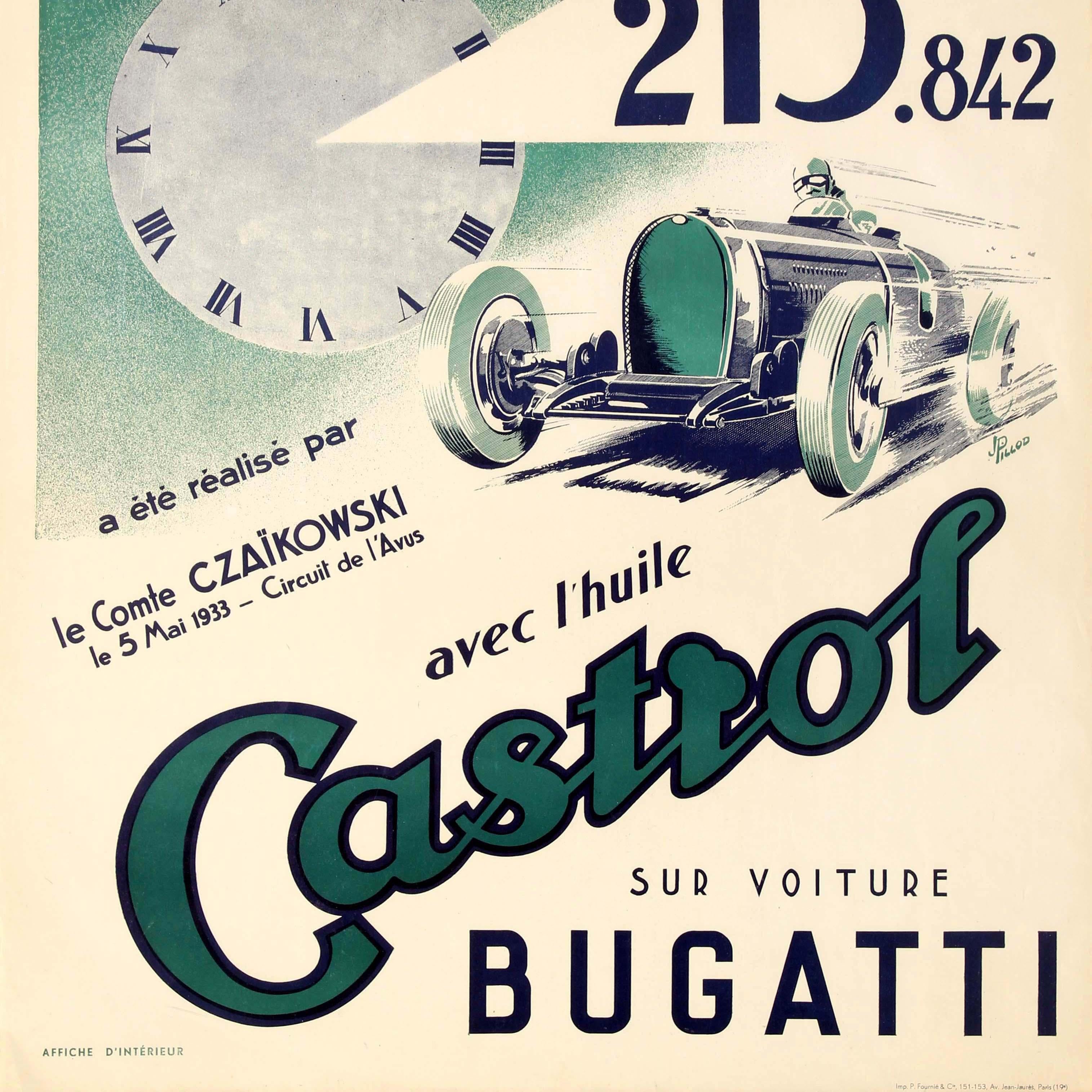 Art Deco Original Vintage Bugatti World Record Motor Racing Poster Sponsor By Castrol Oil For Sale