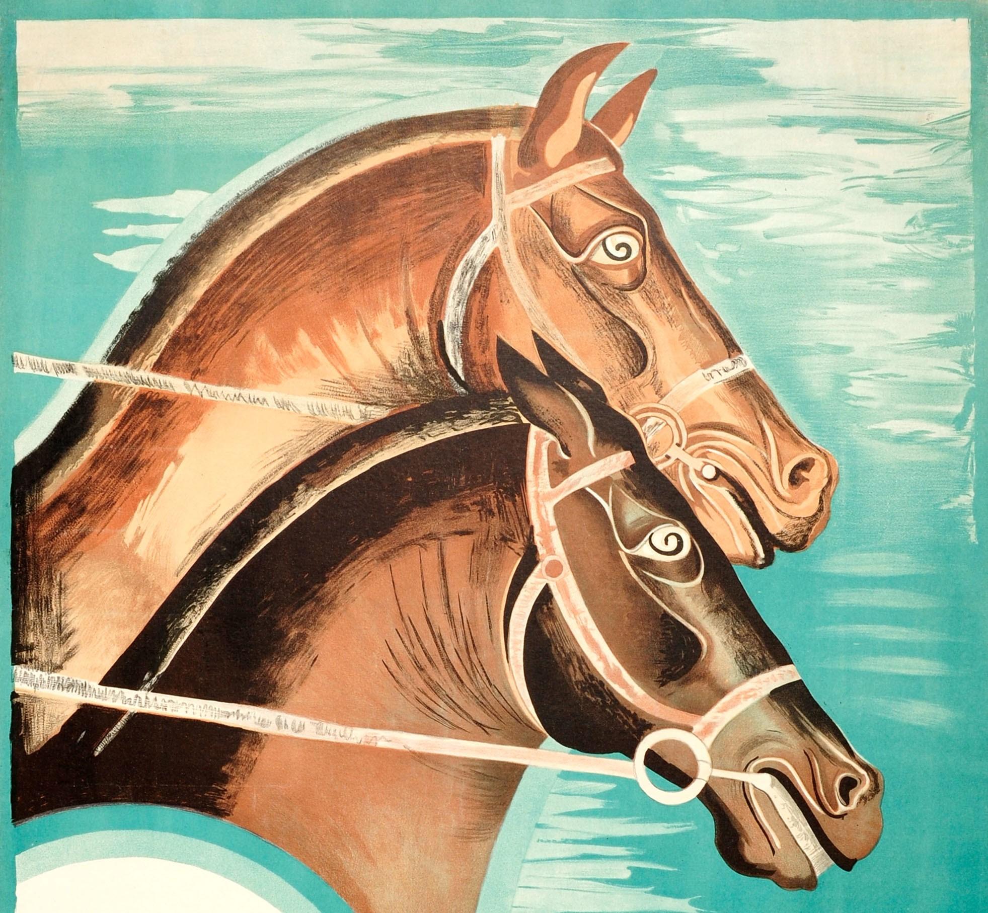 Original vintage sports poster issued by London Transport for the 1935 Epsom Horse Race - Epsom Spring Meeting April 20 21 and 22 Buses every 2 minutes from Morden Station to the Racecourse - featuring a stunning Art Deco image of two horses against