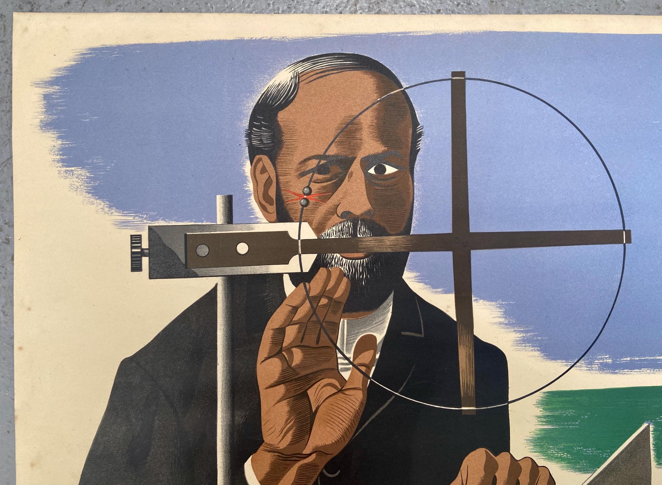 'Il set radio di Hertz 1886'. Poster litografico a colori, appartenente a una serie emessa dal General Post Office, che raffigura scoperte e invenzioni nella storia delle telecomunicazioni. Disegnato da Eric George Fraser. Emesso dal General Post