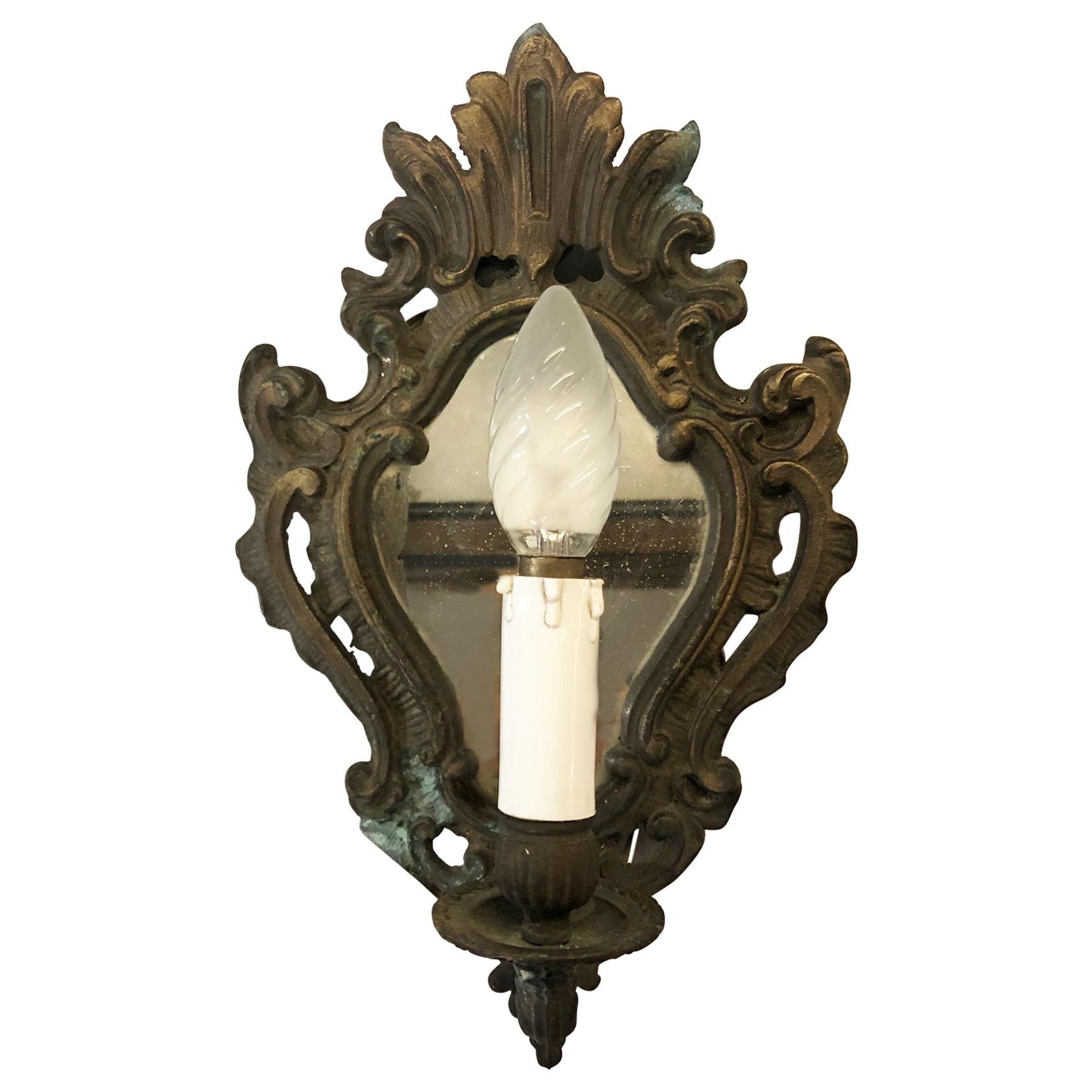 Italian Bronze Wall Lamp with Old Mirror For Sale