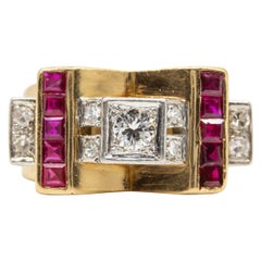 Original 1940s Retro European Cut Diamond and Rubies Dress Ring