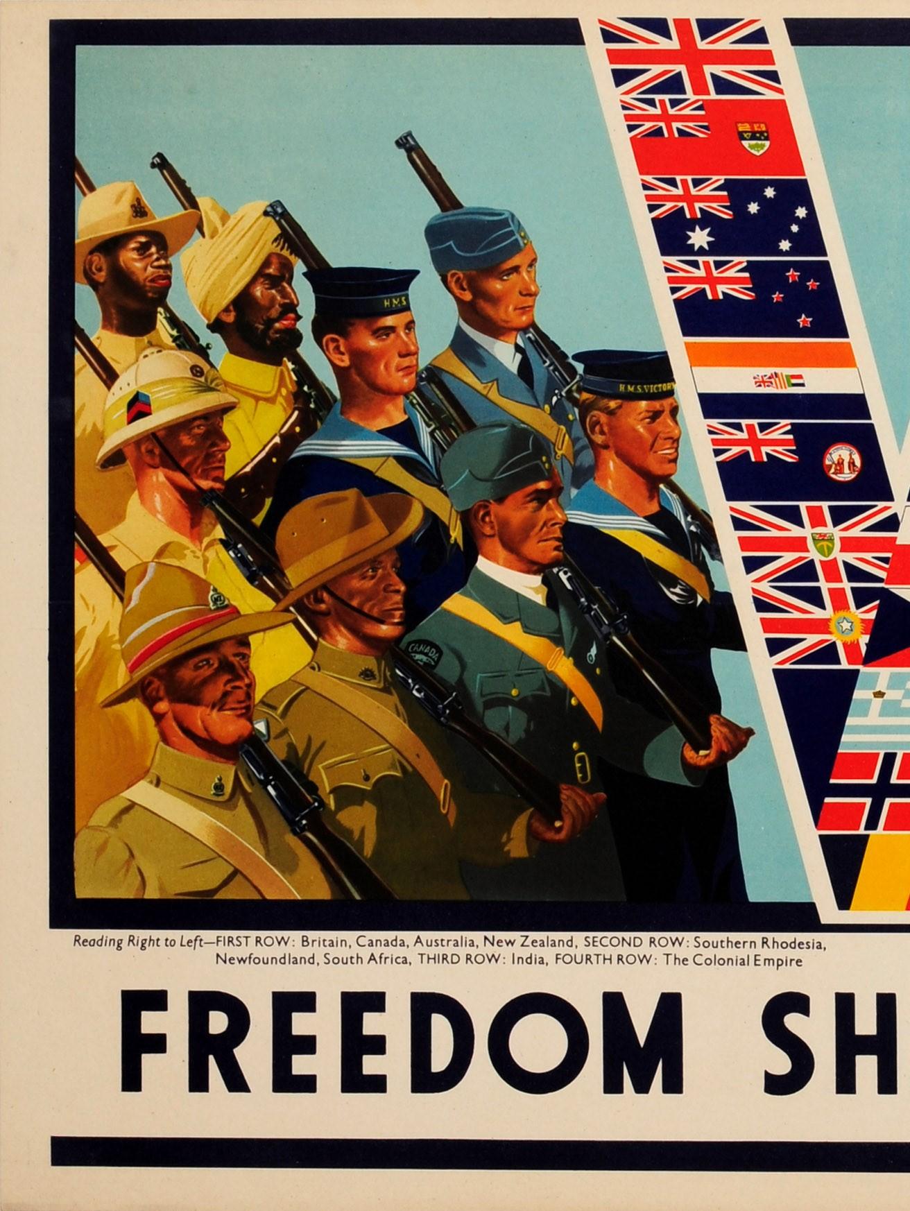 Original vintage World War Two propaganda poster - Freedom Shall Prevail! - featuring flags of the Allied nations forming a V for victory in the centre with troops in their national military uniform and holding rifle guns on both sides against a