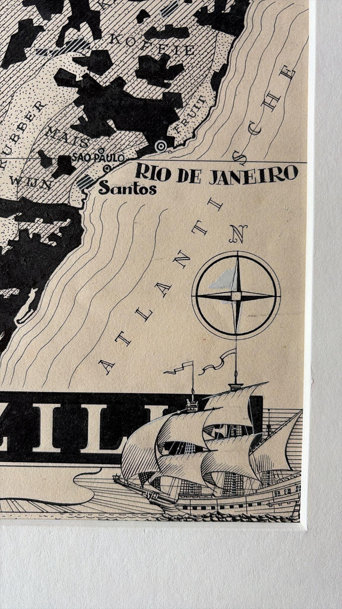 Original 1947 Map of Brazil by Charles Burki – Dutch Colonial Graphic Design