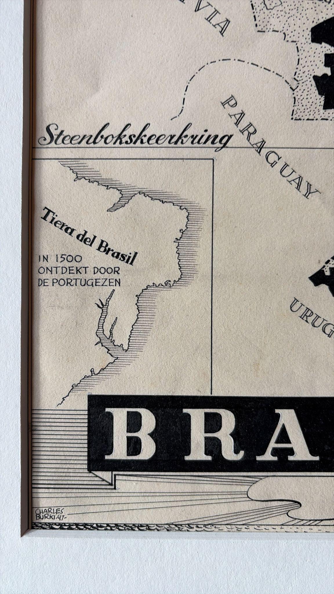 Original 1947 Map of Brazil by Charles Burki – Dutch Colonial Graphic Design