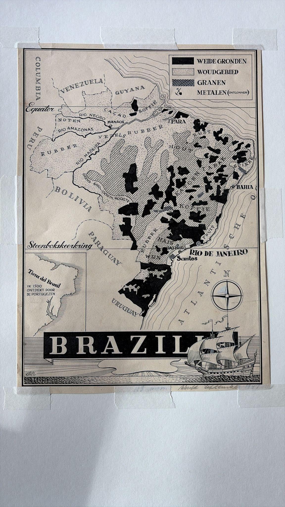 Original 1947 Map of Brazil by Charles Burki – Dutch Colonial Graphic Design