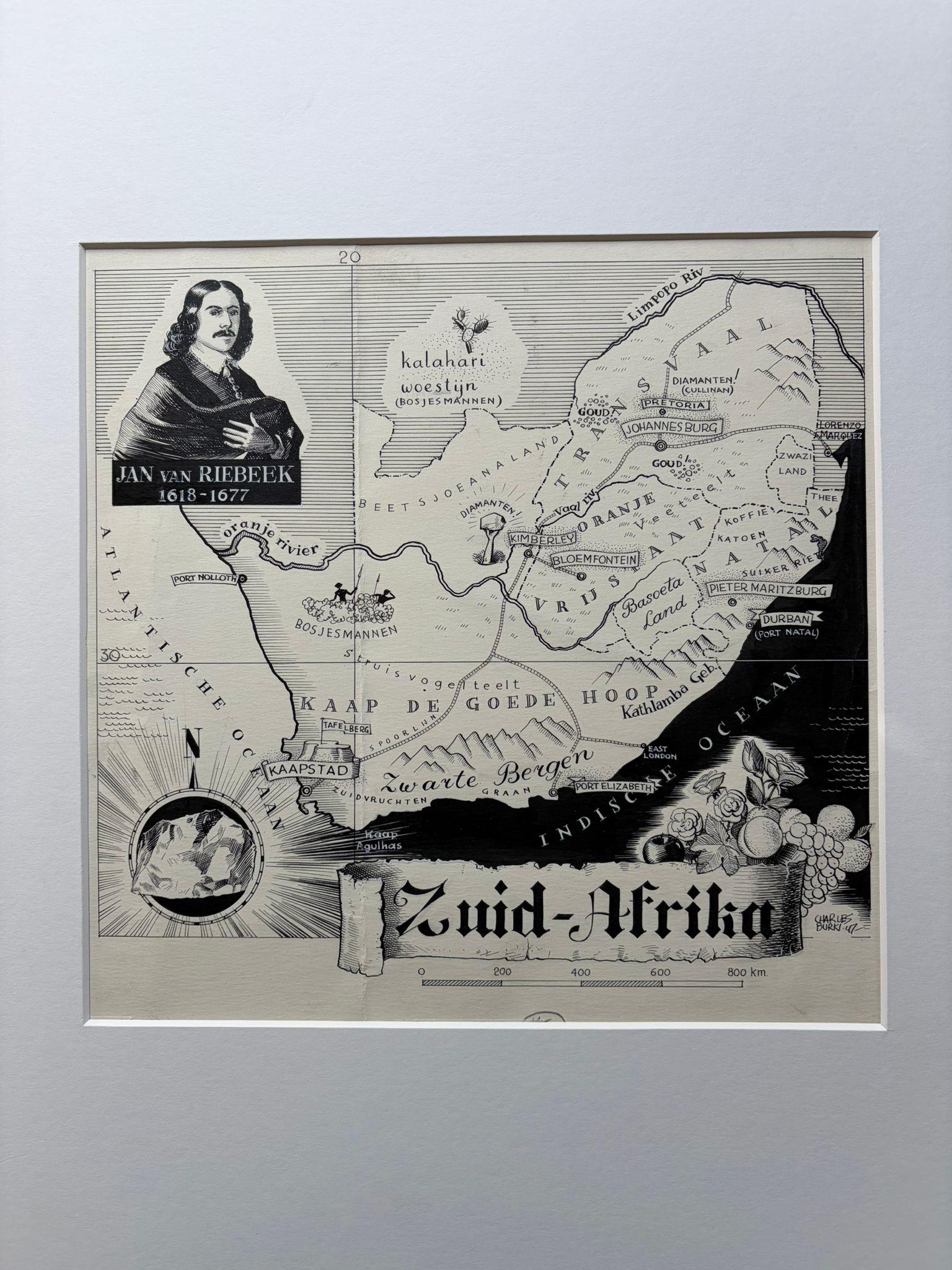 Titre : Carte originale de 1947 de l'Afrique du Sud par Charles Burki - Jan van Riebeeck & Cape Coloni

Cette étonnante carte de l'Afrique du Sud réalisée à la plume en 1947 par Charles Burki (1909-1994) témoigne de la finesse de son dessin et de sa