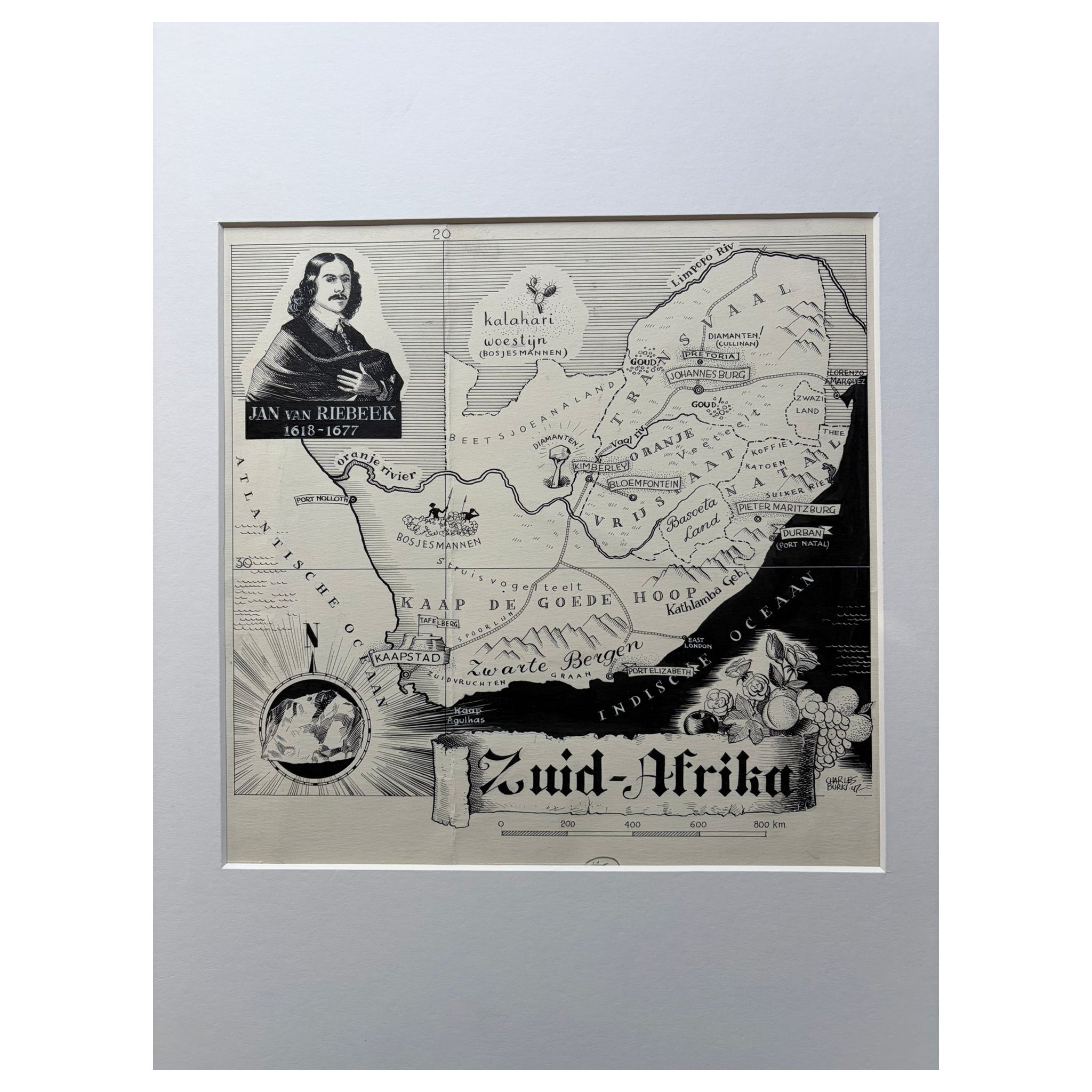 Carte originale de 1947 de l'Afrique du Sud par A.I.C. - Jan van Riebeeck & Cape Coloni