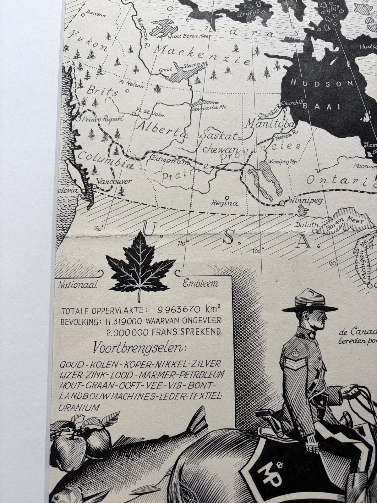 Néerlandais Carte originale du Canada de 1948 par Charles Burki - Illustration de la police montée Art déco en vente