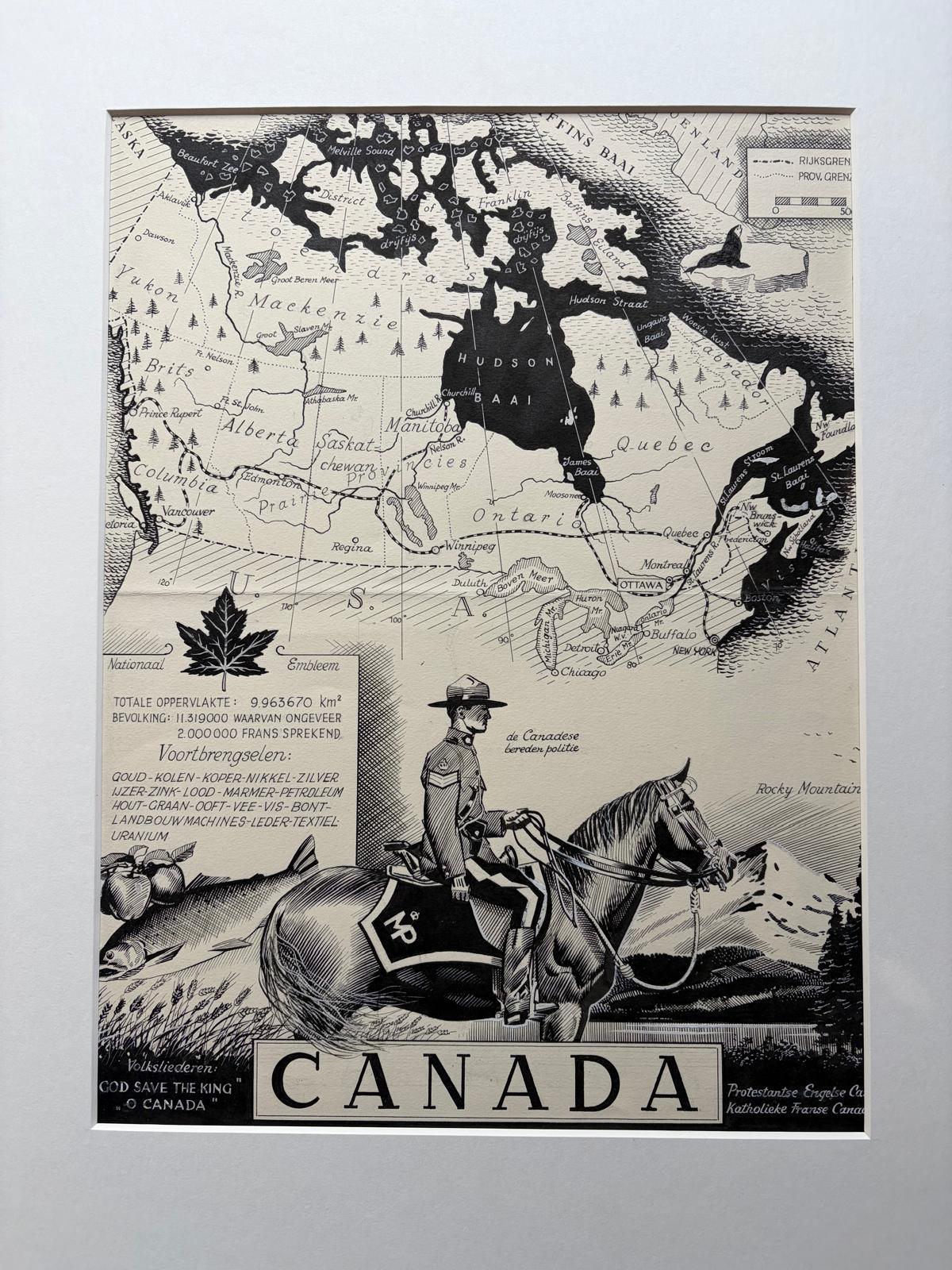 Papier Carte originale du Canada de 1948 par Charles Burki - Illustration de la police montée Art déco en vente