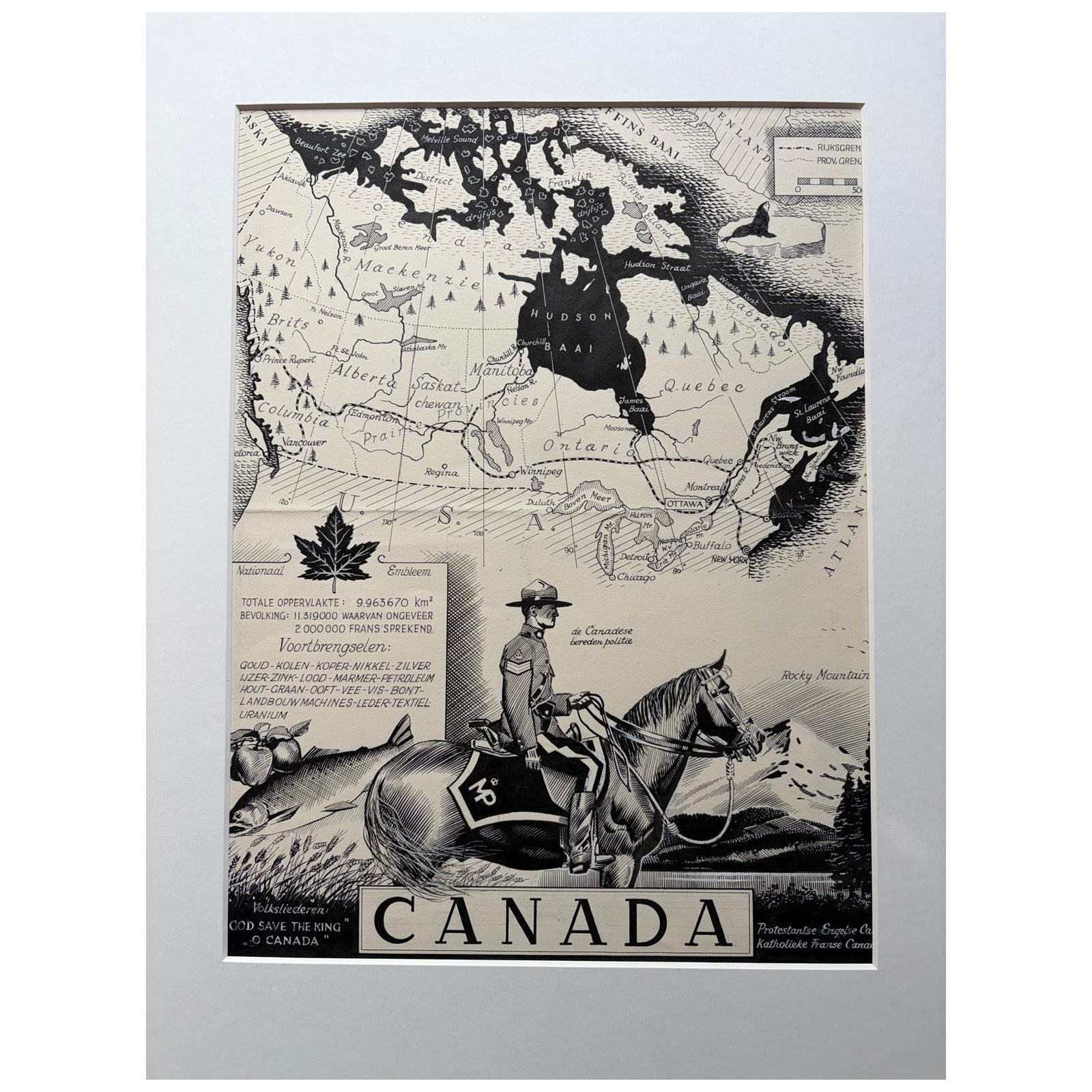 Carte originale du Canada de 1948 par Charles Burki - Illustration de la police montée Art déco