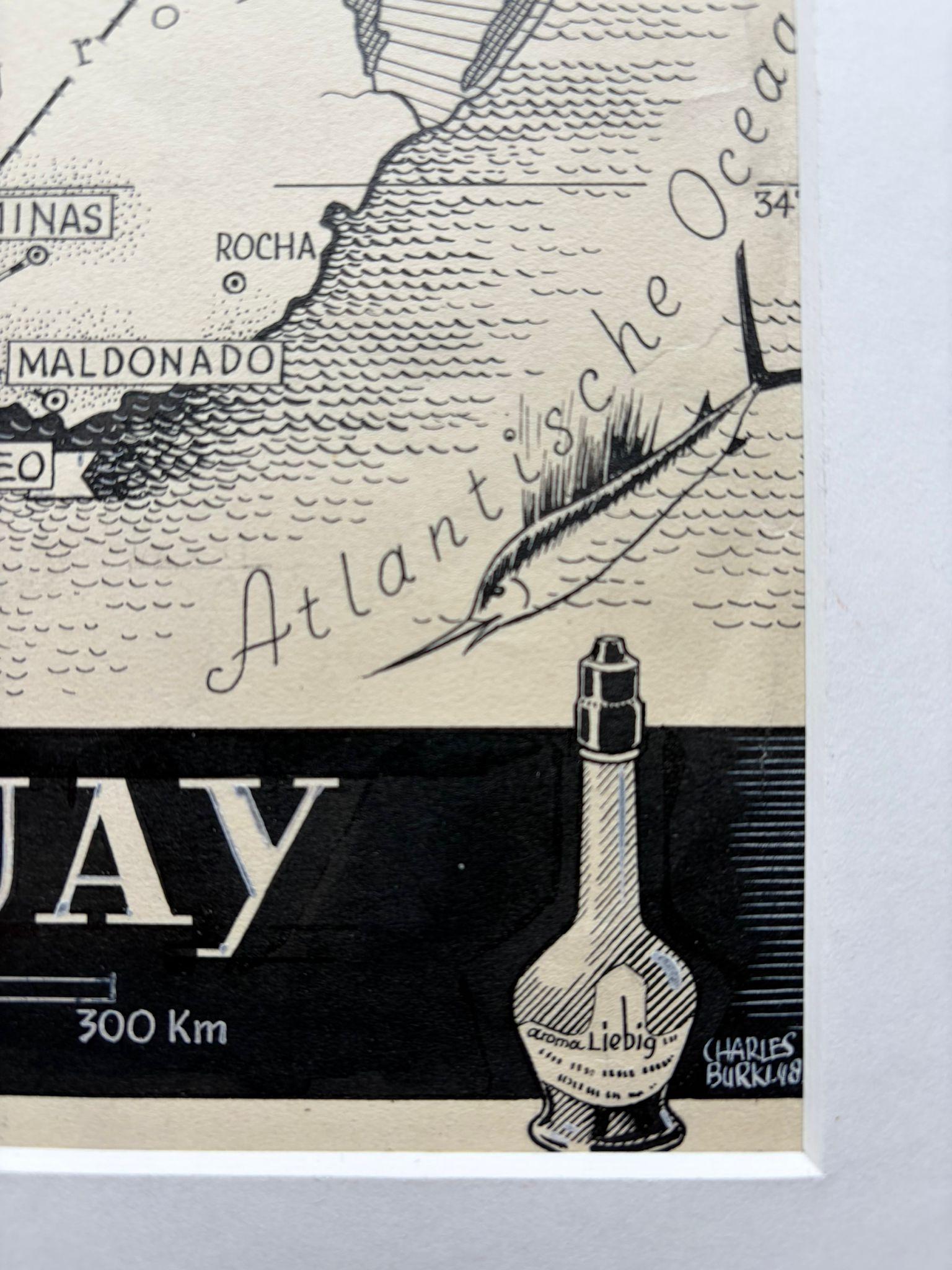 Title: Original 1948 Map of Uruguay by Charles Burki – Art Deco Design for Liebig Extract

This original 1948 pen-and-ink map of Uruguay by Charles Burki (1909–1994) showcases his refined sense of composition and command of graphic clarity, blending