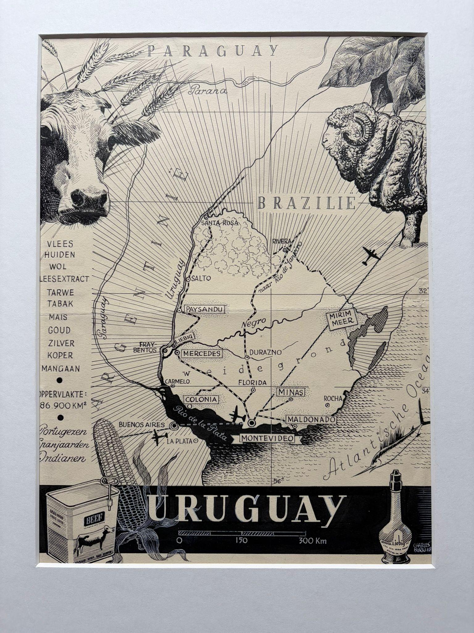 Mid-20th Century Original 1948 Map of Uruguay by Charles Burki – Art Deco Design For Sale