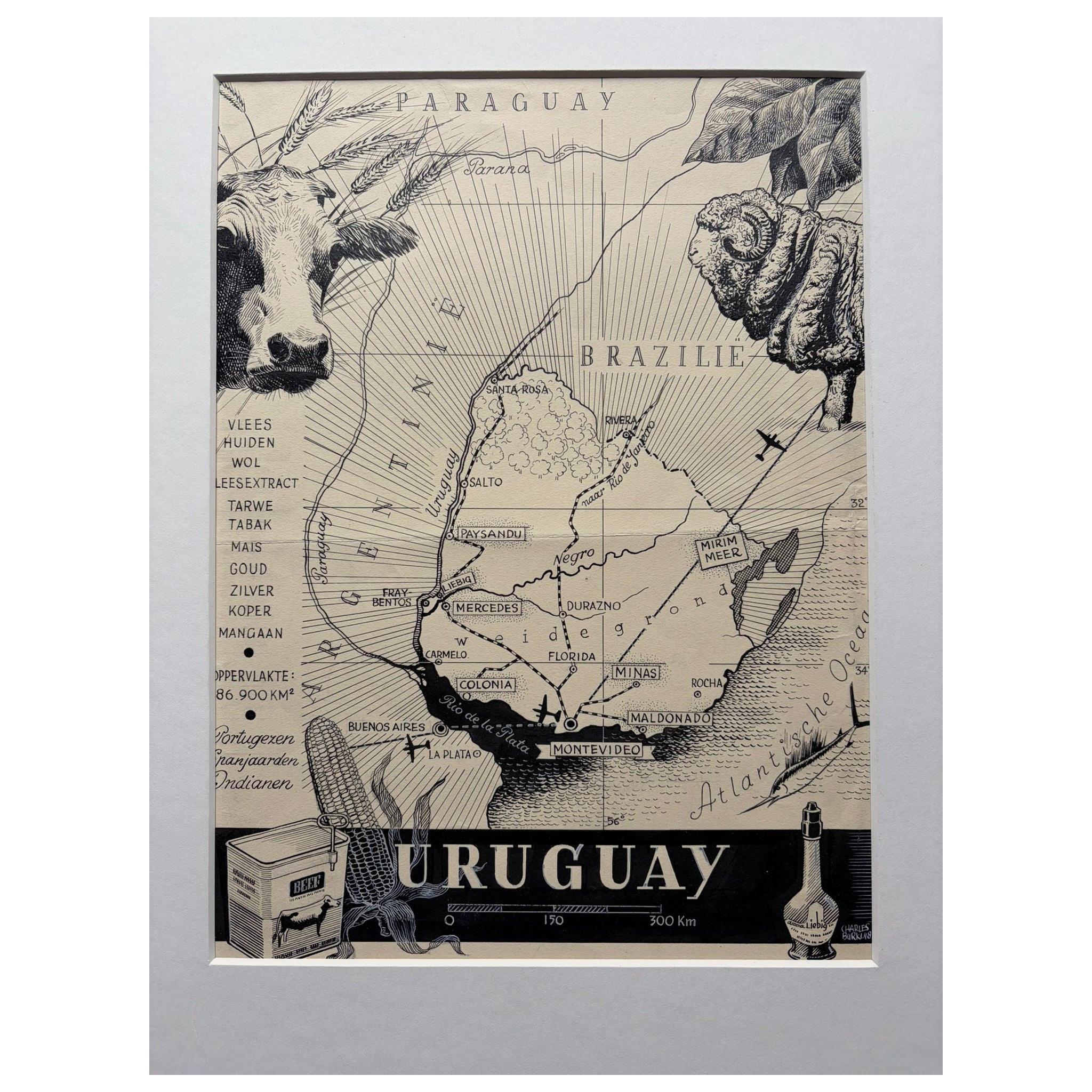 Original 1948 Map of Uruguay by Charles Burki – Art Deco Design For Sale