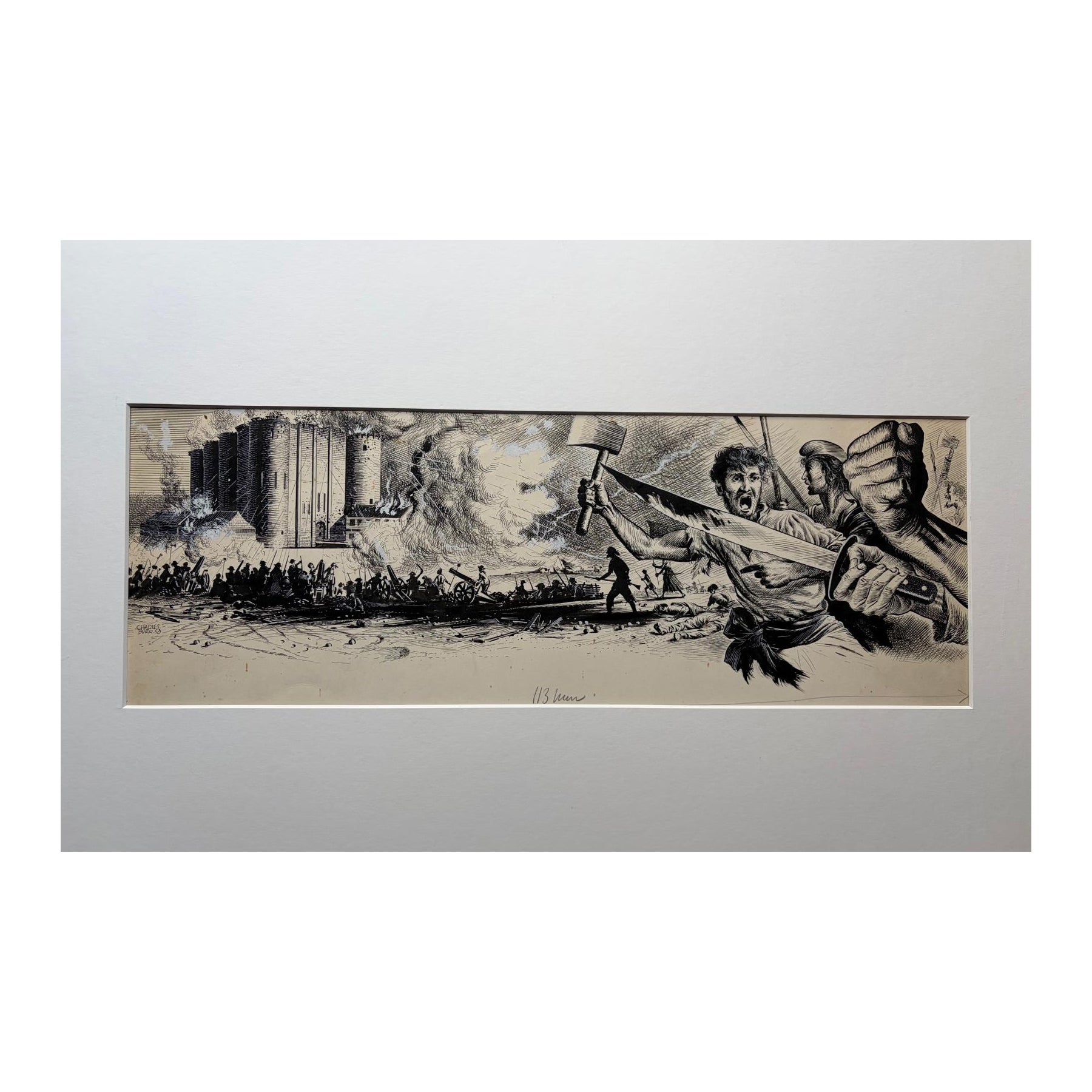 Dessin original de 1950 à la plume et à l'encre "La prise de la Bastille" par Burki en vente