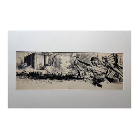 Original 1950 Pen and Ink Drawing “The Storming of the Bastille” by Burki