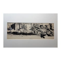 Original 1950 Pen and Ink Drawing “The Storming of the Bastille” by Burki