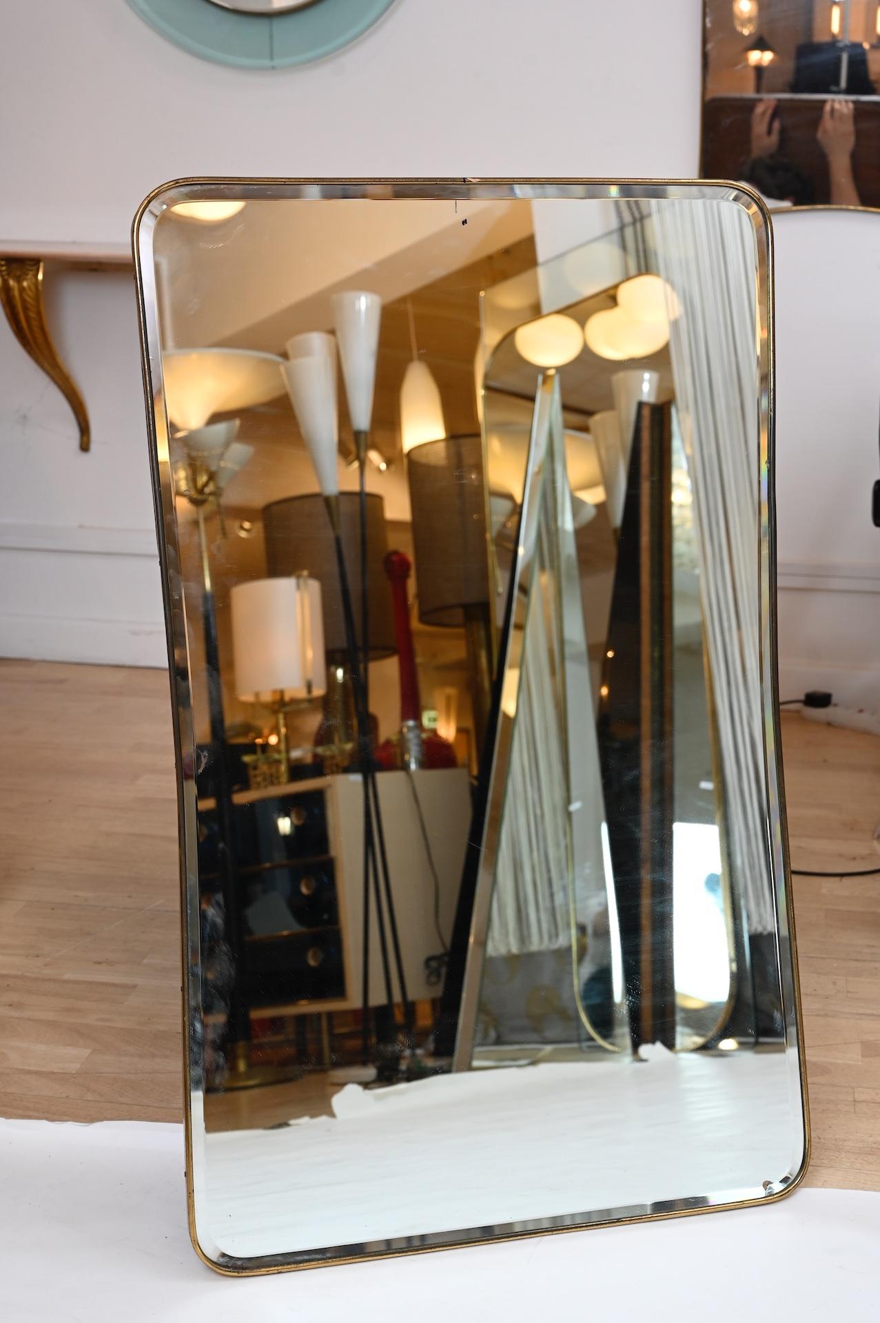 Mid-Century Modern Original 1950s Bevelled Mirror with Brass Frame Ponti Style