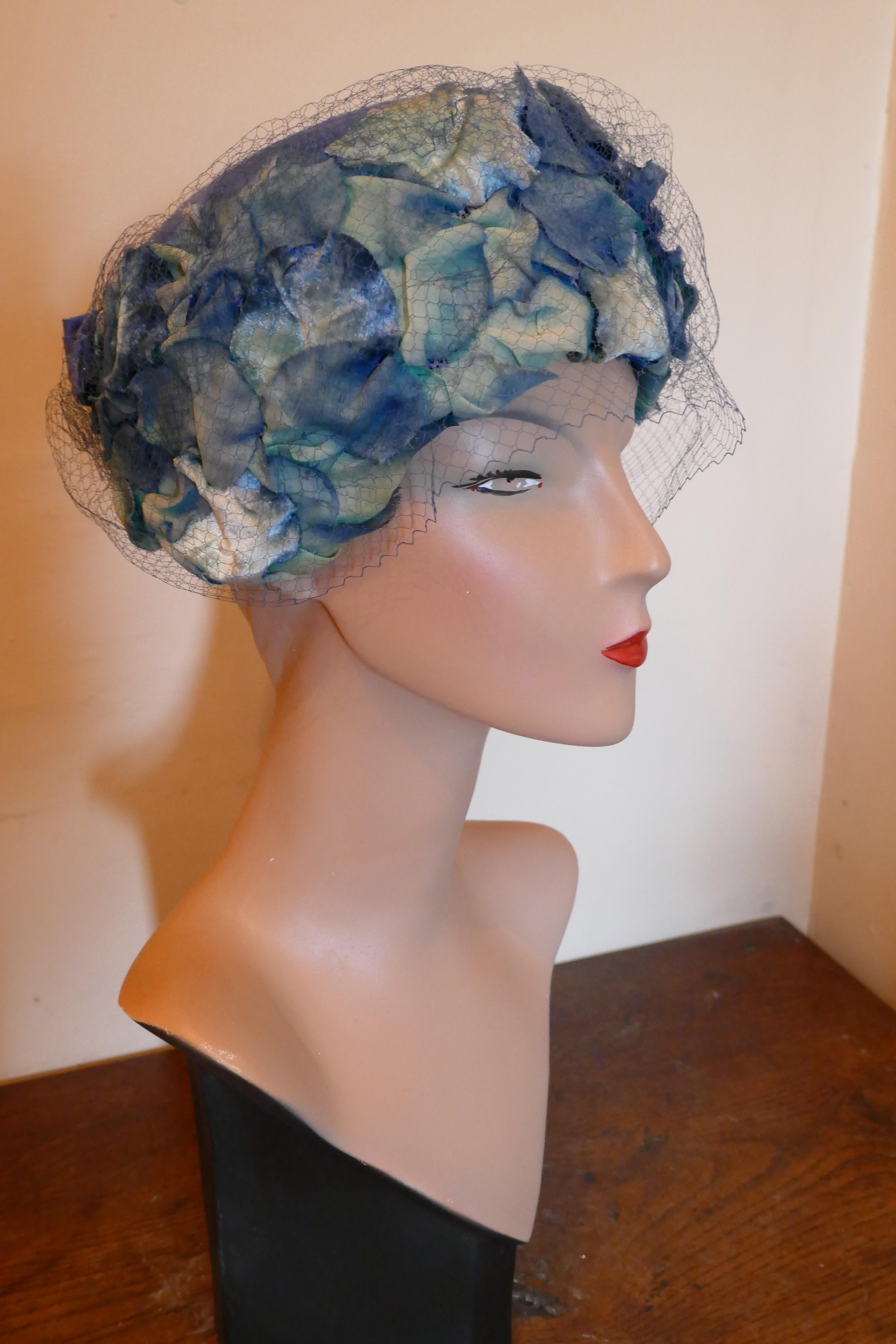Gray Original 1950s Blue Pill Box Hat, Decorated with Roses and Veil, by Connor