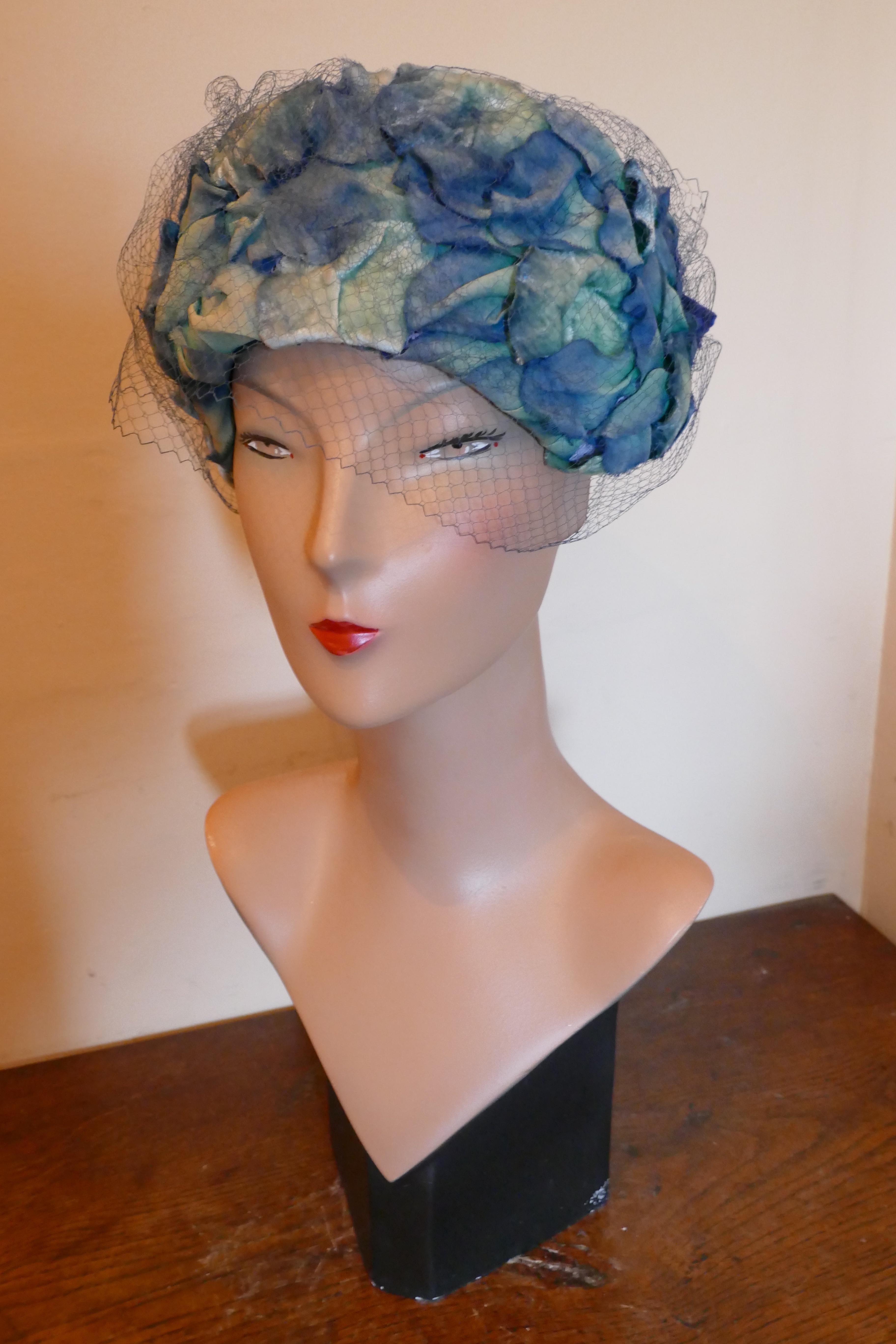 Original 1950s Blue Pill Box Hat, Decorated with Roses and Veil, by Connor In Good Condition In Chillerton, Isle of Wight