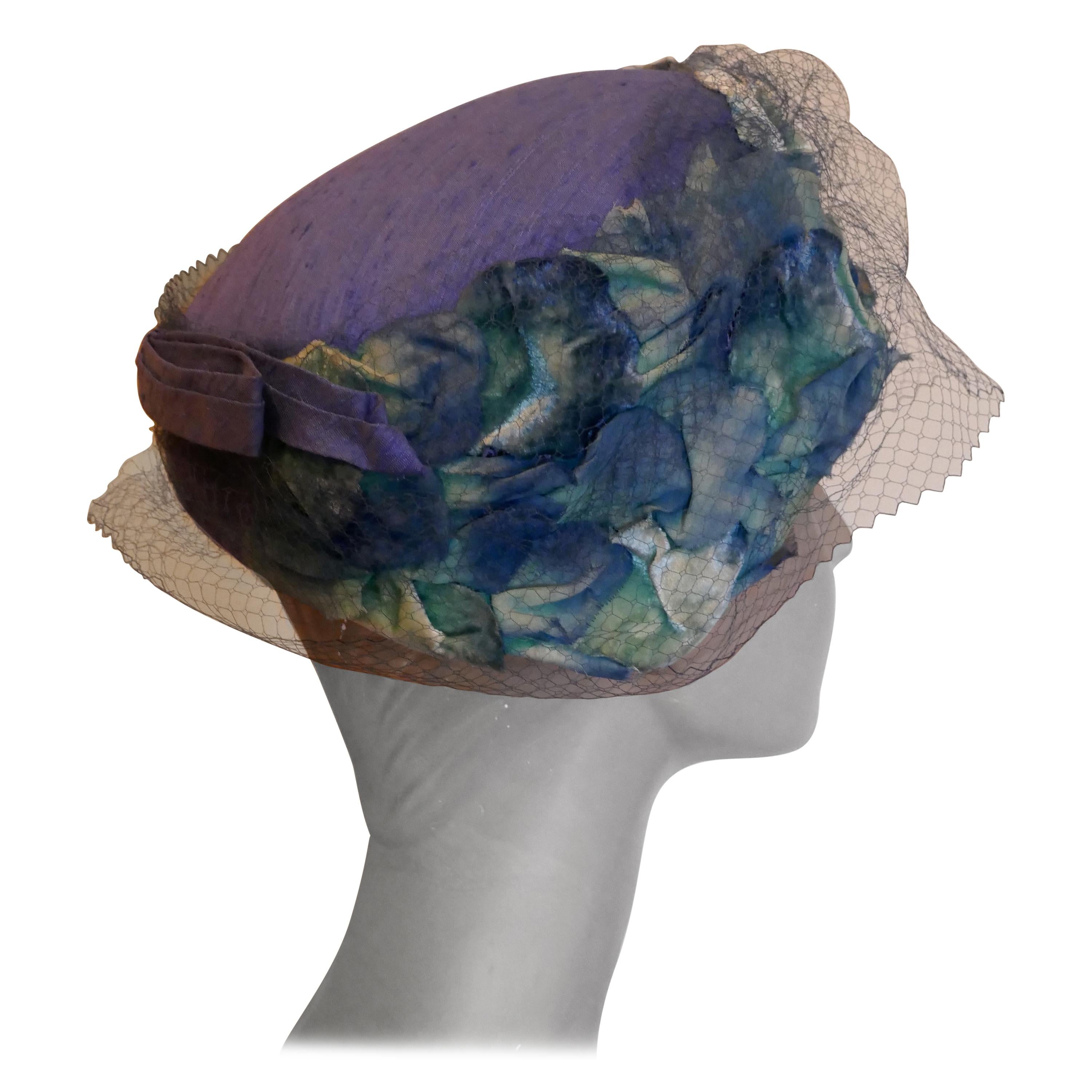 Original 1950s Blue Pill Box Hat, Decorated with Roses and Veil, by Connor