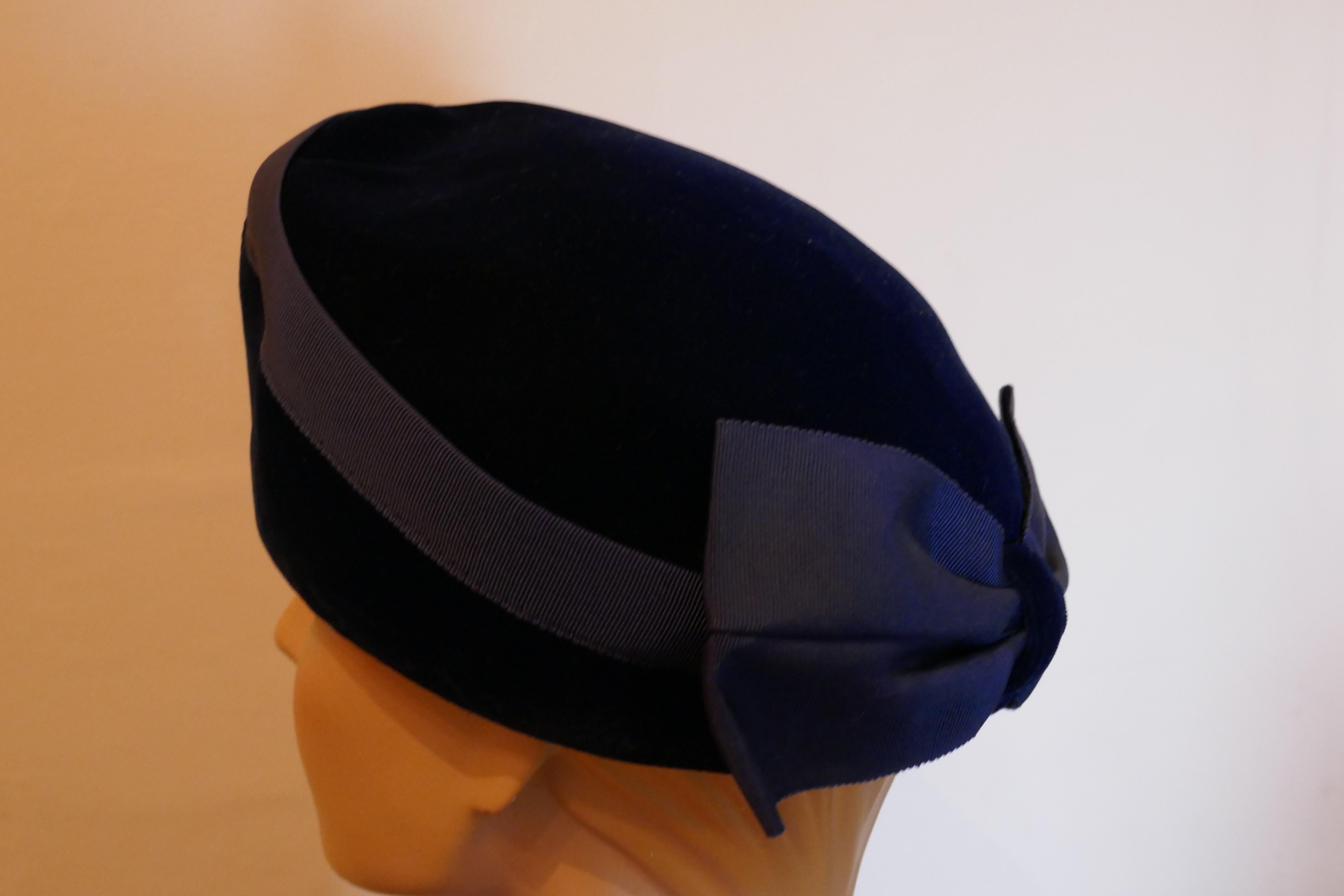 Gray Original 1950s Deep Blue Plush Velvet Pill Box Hat
