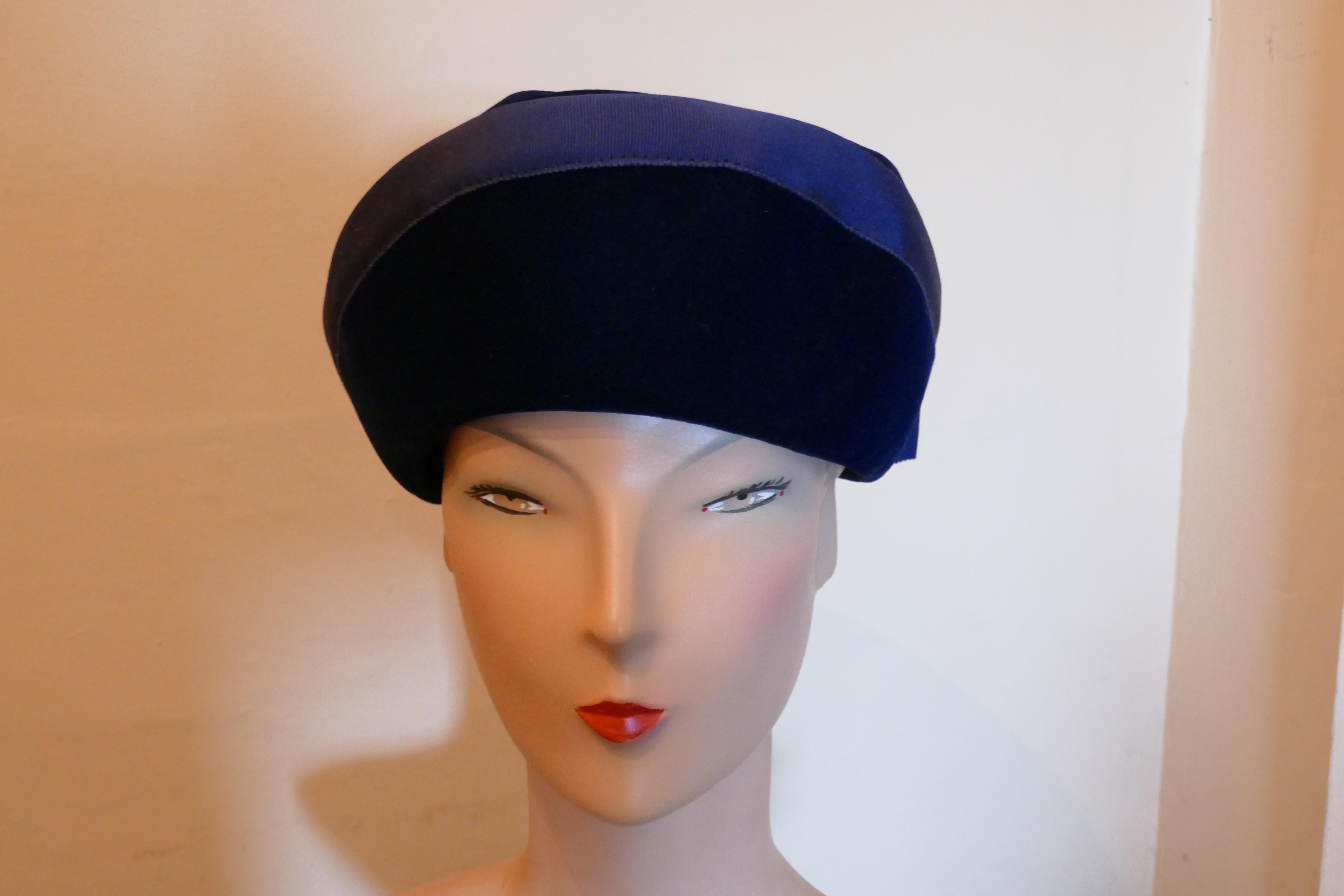 Original 1950s Deep Blue Plush Velvet Pill Box Hat 1