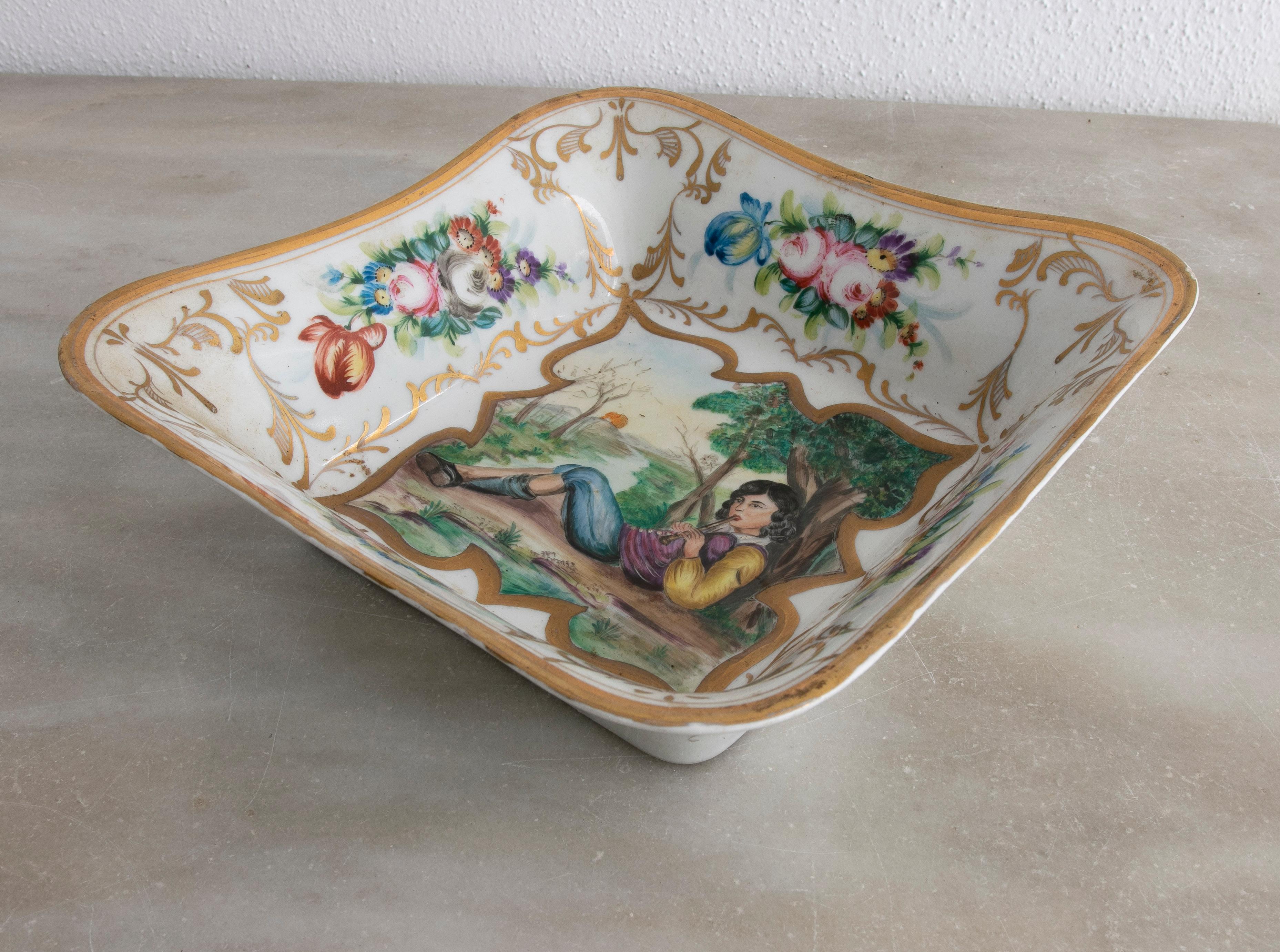 Original 1950s German Meissen Stamped Porcelain Tray w/ Boy Flautist Vignette  In Good Condition For Sale In Marbella, ES
