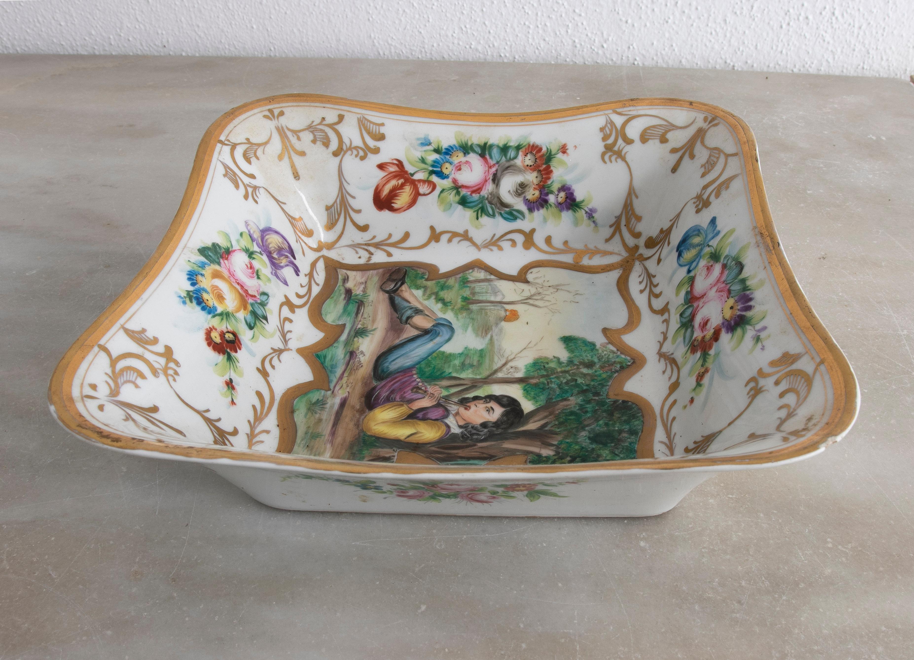 20th Century Original 1950s German Meissen Stamped Porcelain Tray w/ Boy Flautist Vignette  For Sale