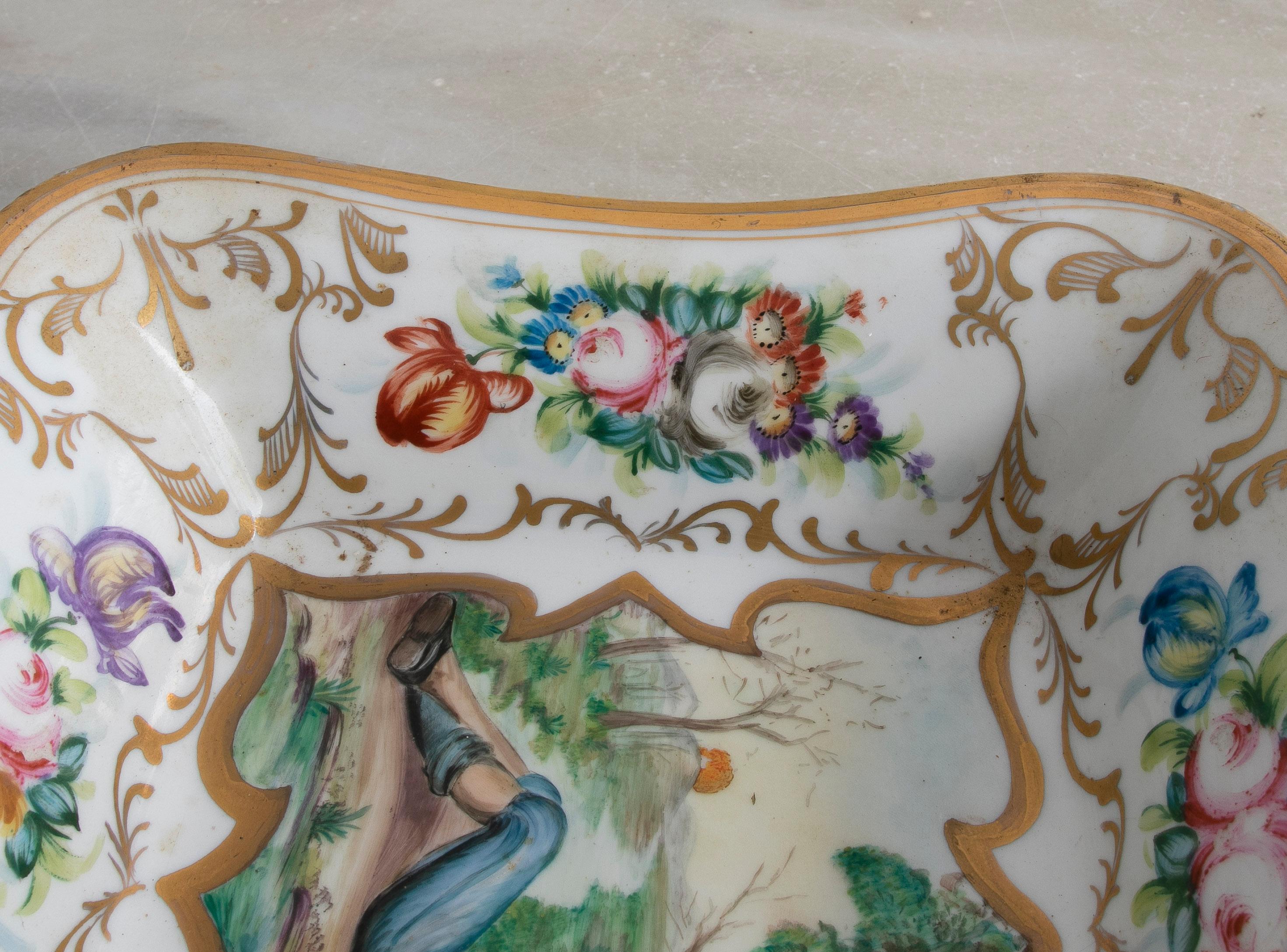 Original 1950s German Meissen Stamped Porcelain Tray w/ Boy Flautist Vignette  For Sale 1