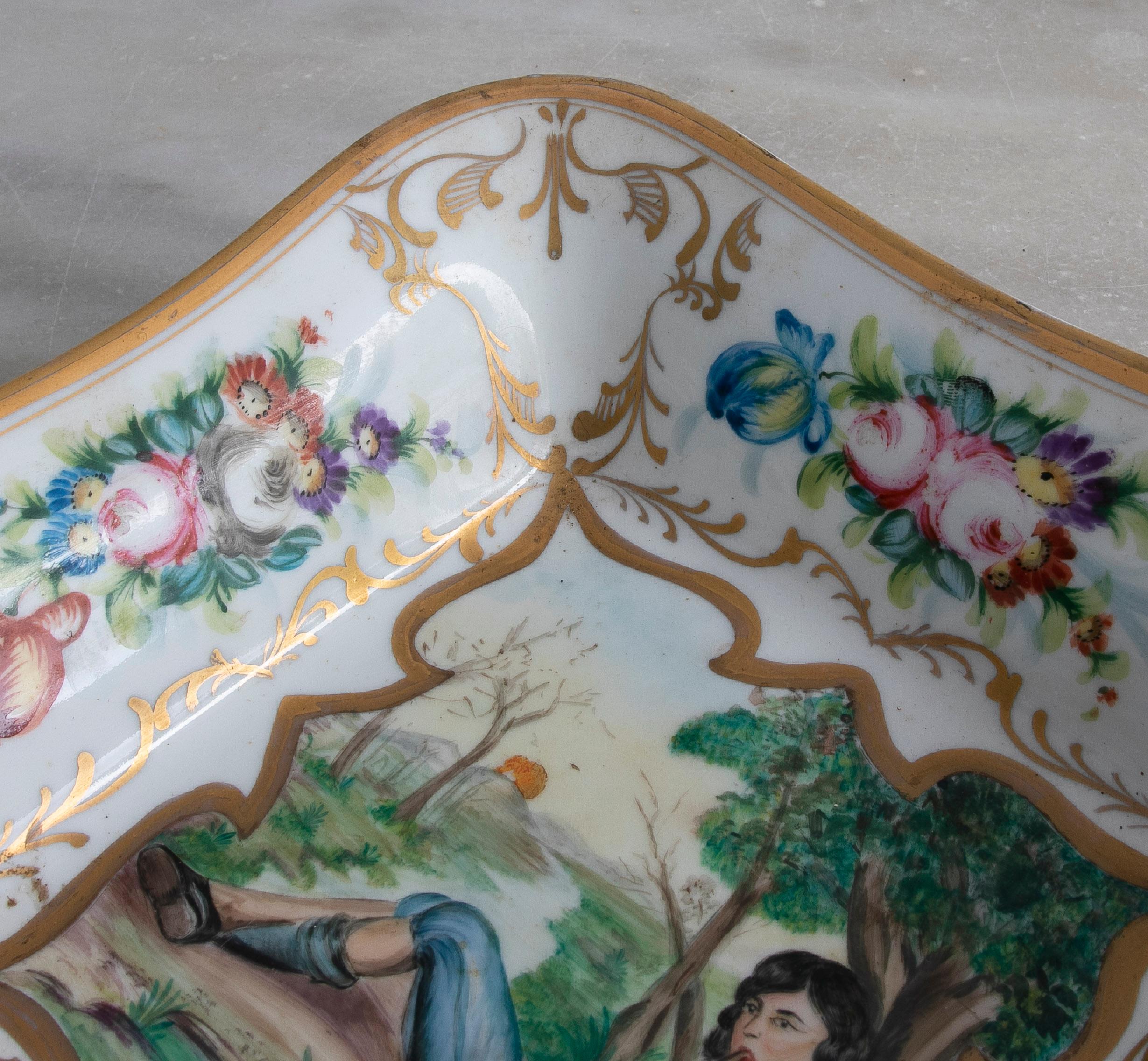 Original 1950s German Meissen Stamped Porcelain Tray w/ Boy Flautist Vignette For Sale 2