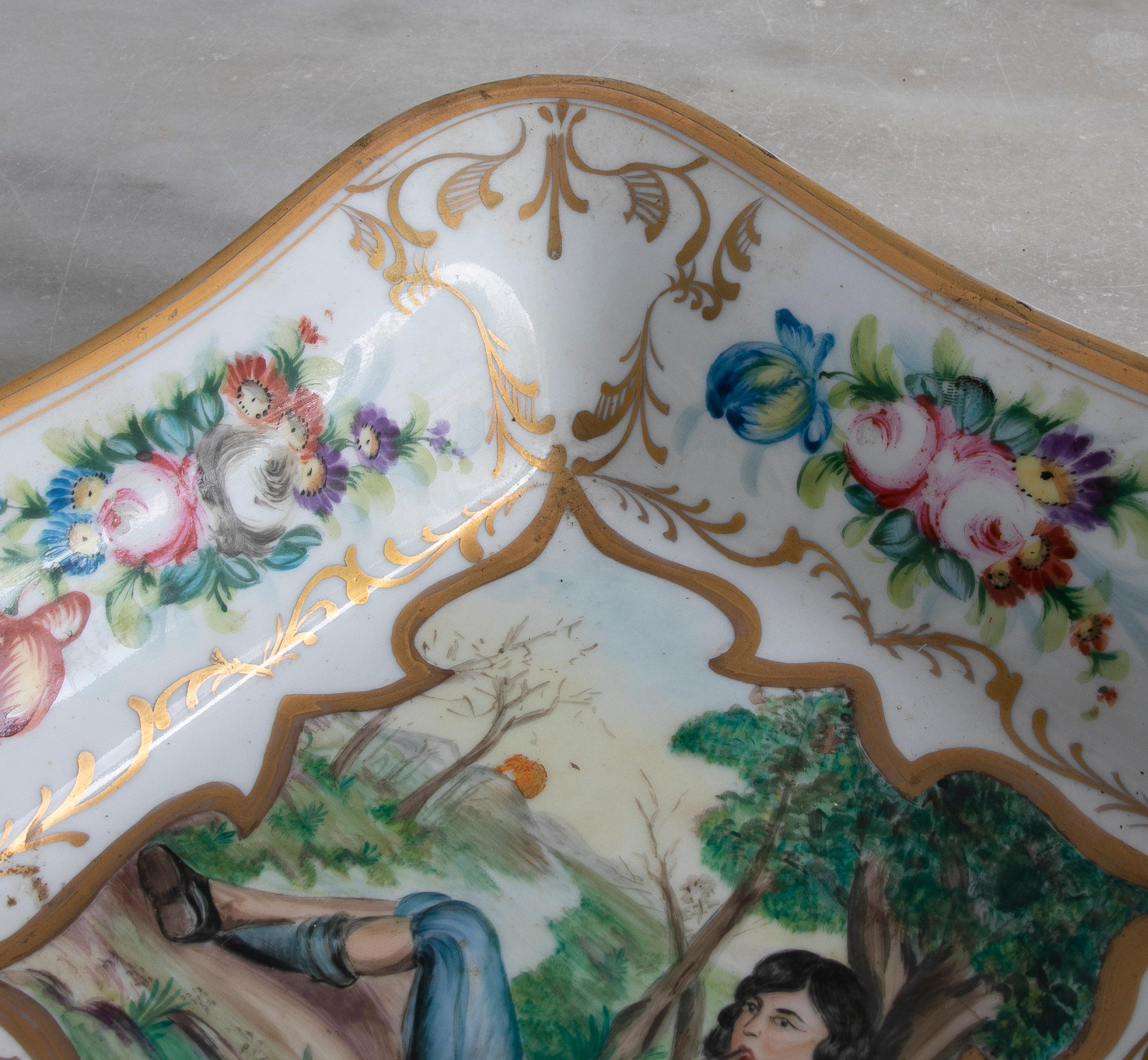 Original 1950s German Meissen Stamped Porcelain Tray w/ Boy Flautist Vignette  For Sale 2