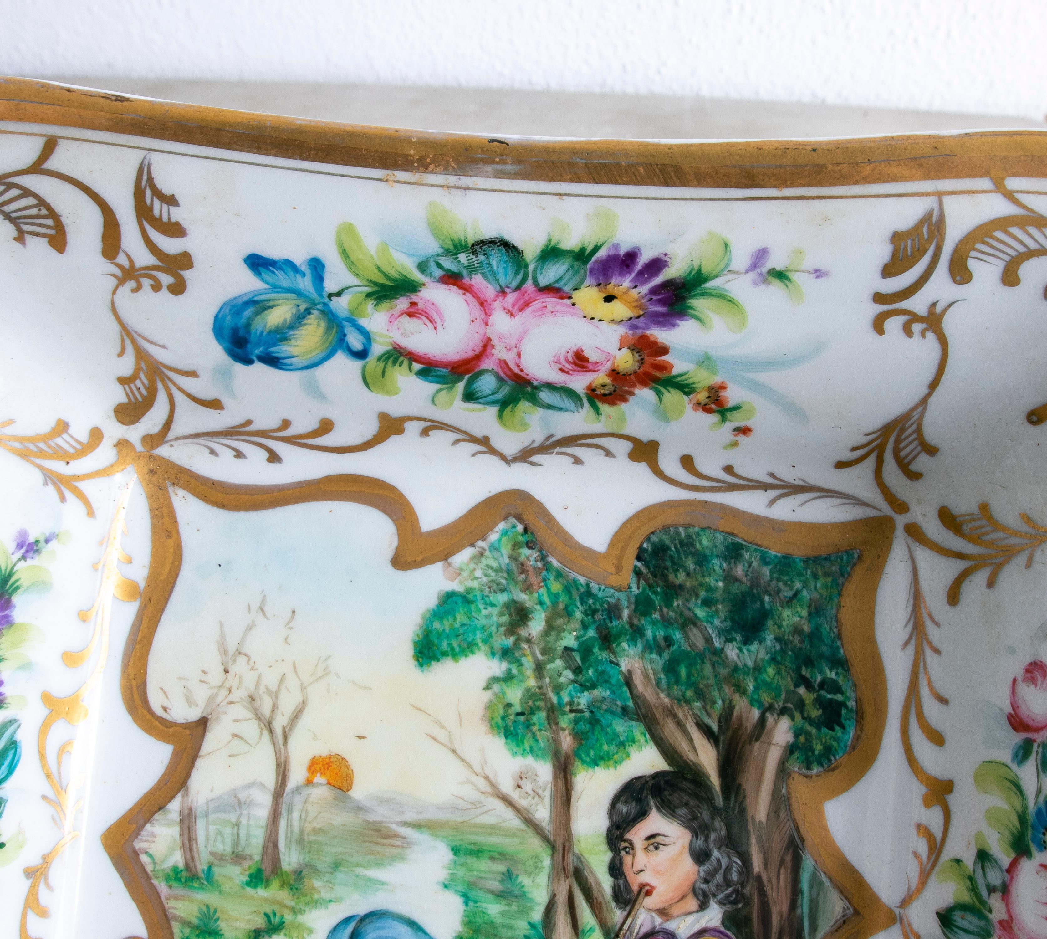 Original 1950s German Meissen Stamped Porcelain Tray w/ Boy Flautist Vignette  For Sale 3