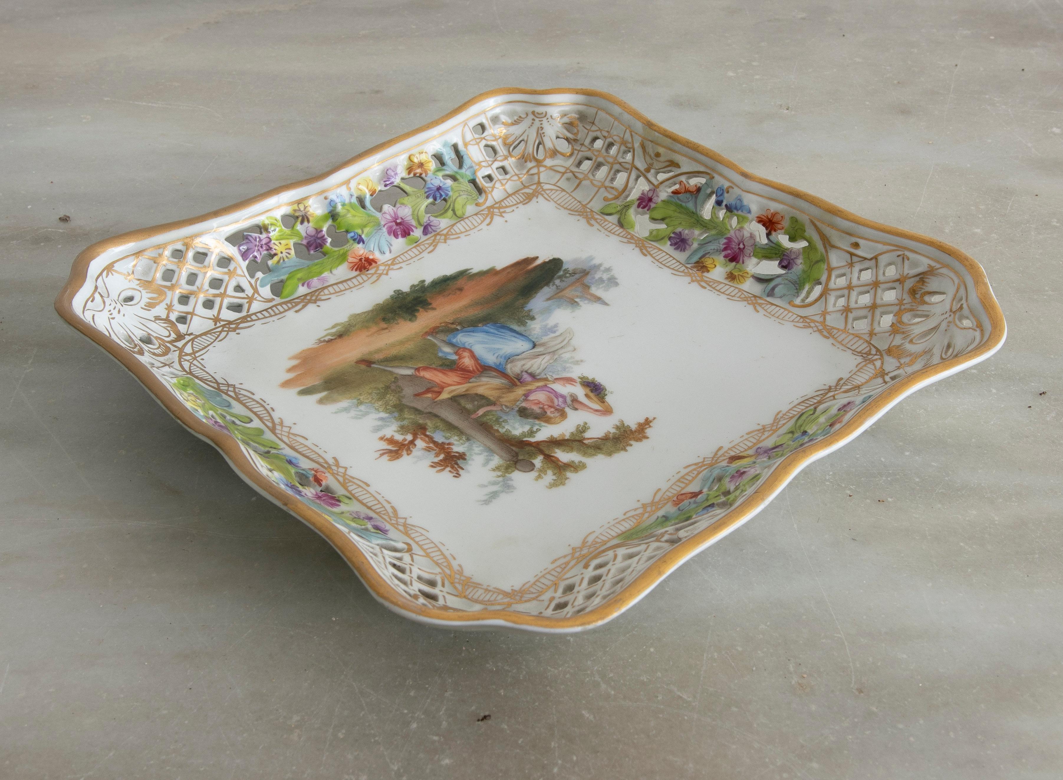 Original 1950s German Meissen Stamped Porcelain Tray w/ Couple Vignette For Sale 1