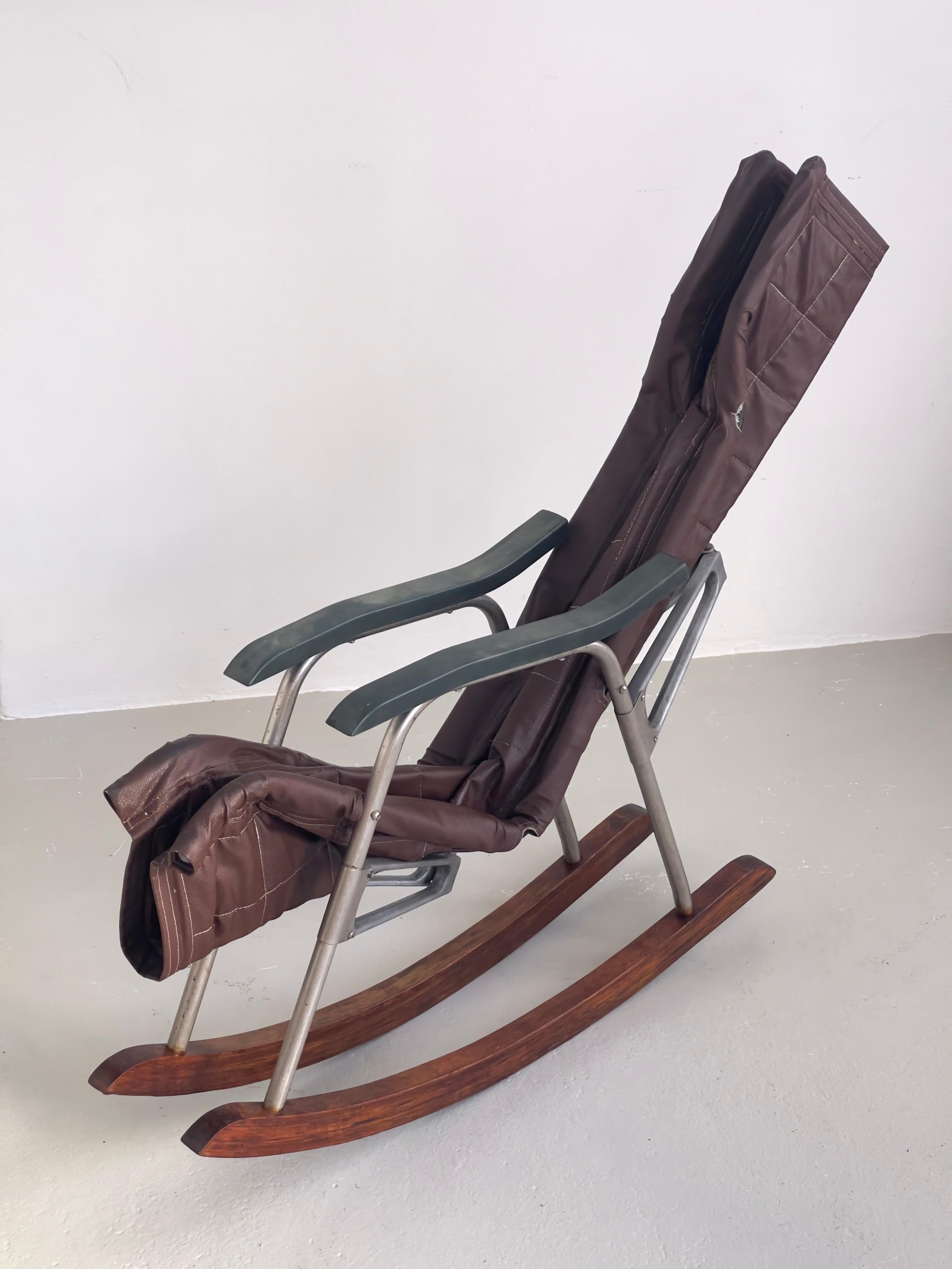 Sedia a dondolo giapponese originale degli anni '50 di Takeshi Nii in pelle marrone, alluminio in vendita 4