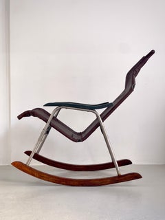 Original 1950s Japanese Rocking chair by Takeshi Nii in brown leather, aluminium