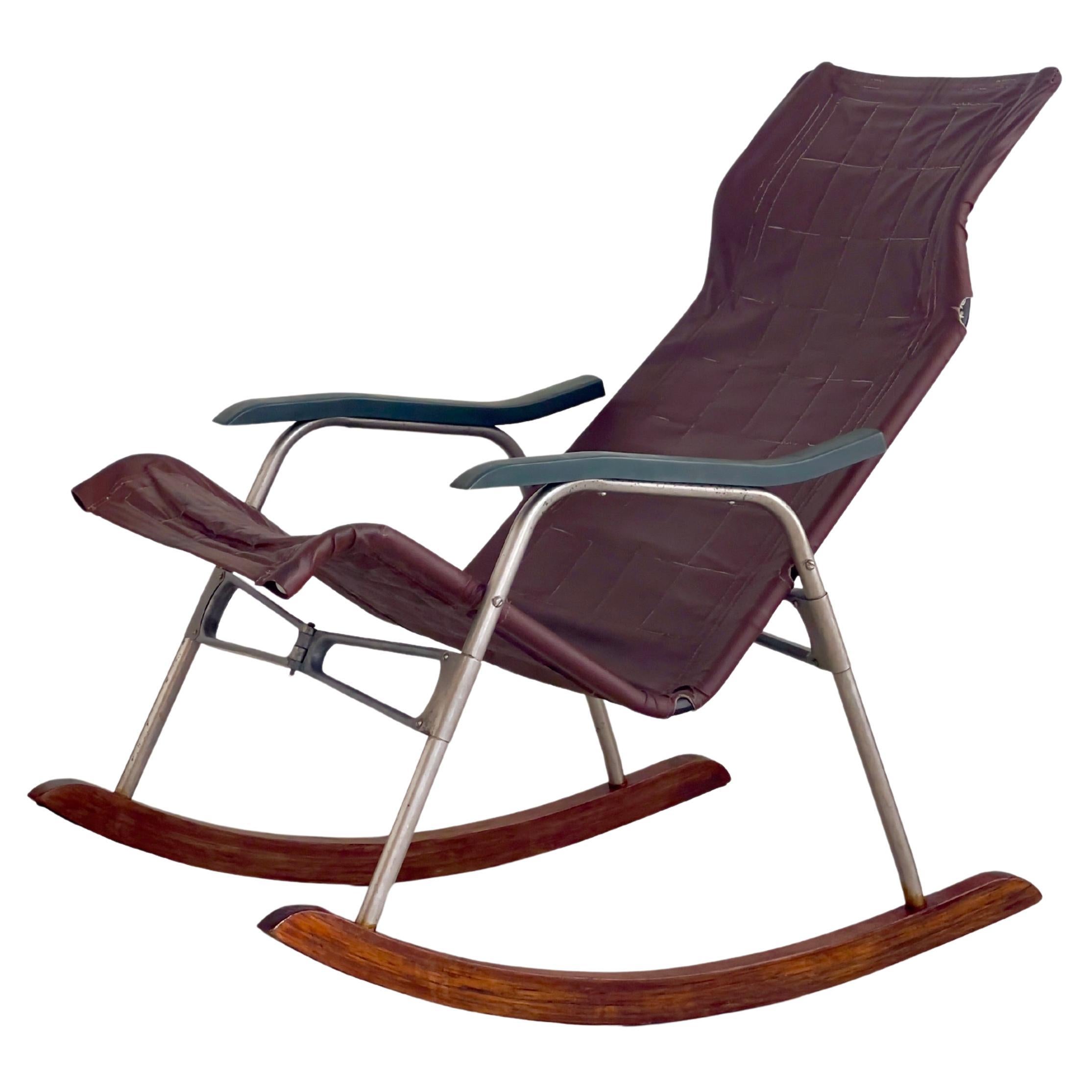 Original Rocking chair japonais des années 1950 par Takeshi Nii en cuir marron, aluminium
