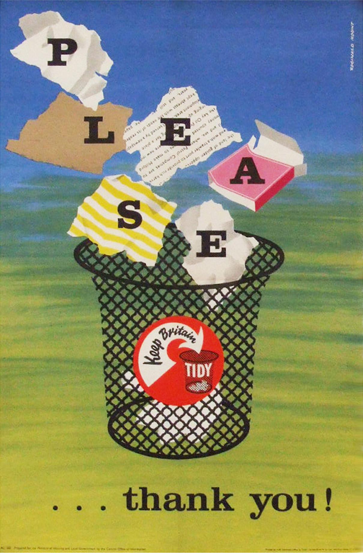 Original 1958 Government information poster designed by Reginald Mount for the Keep Britain Tidy Campaign, UK.

First edition color offset lithograph.

Folded as issued.

Measures: L 74 cm x W 48 cm.