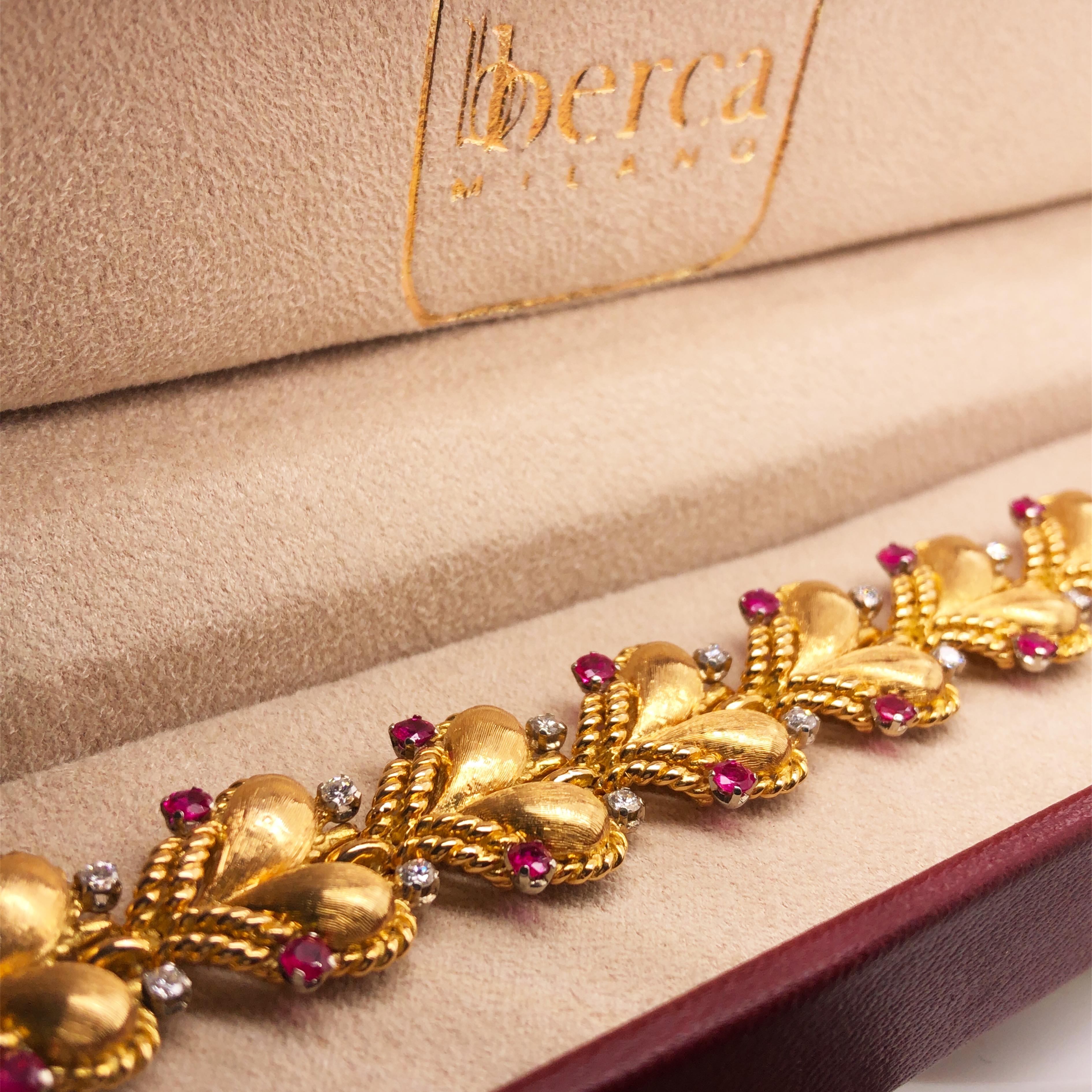 One-of-a-kind, awesome, Mario Buccellati Heart Bracelet featuring 2.20Kt burma rubies and 1.10Kt white diamond in a handcrafted yellow and white gold brushed and polished setting.
Buccellati has remained a family owned luxury jeweler for four