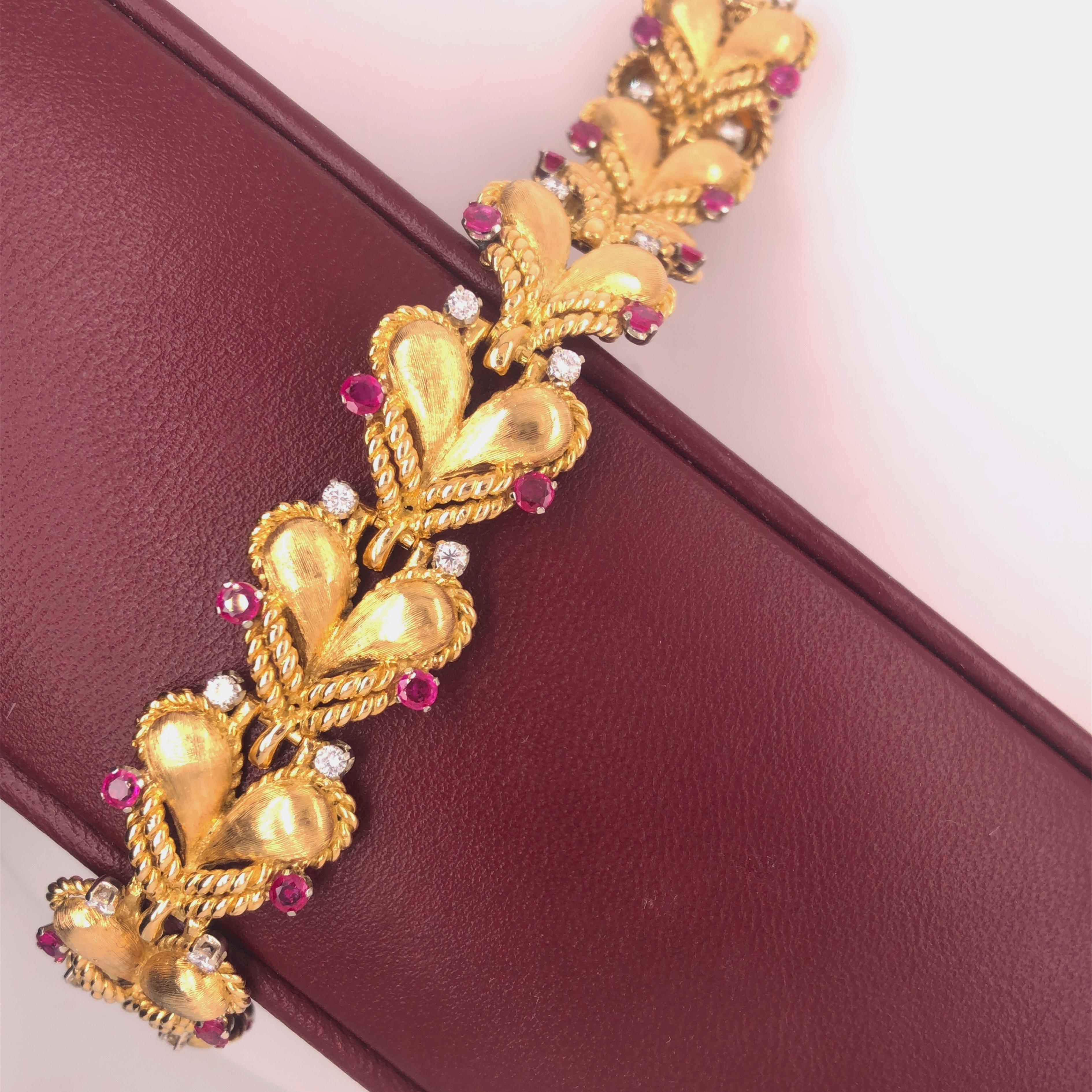 Modern Original 1950's Mario Buccellati Ruby Diamond Yellow White Gold Heart Bracelet For Sale