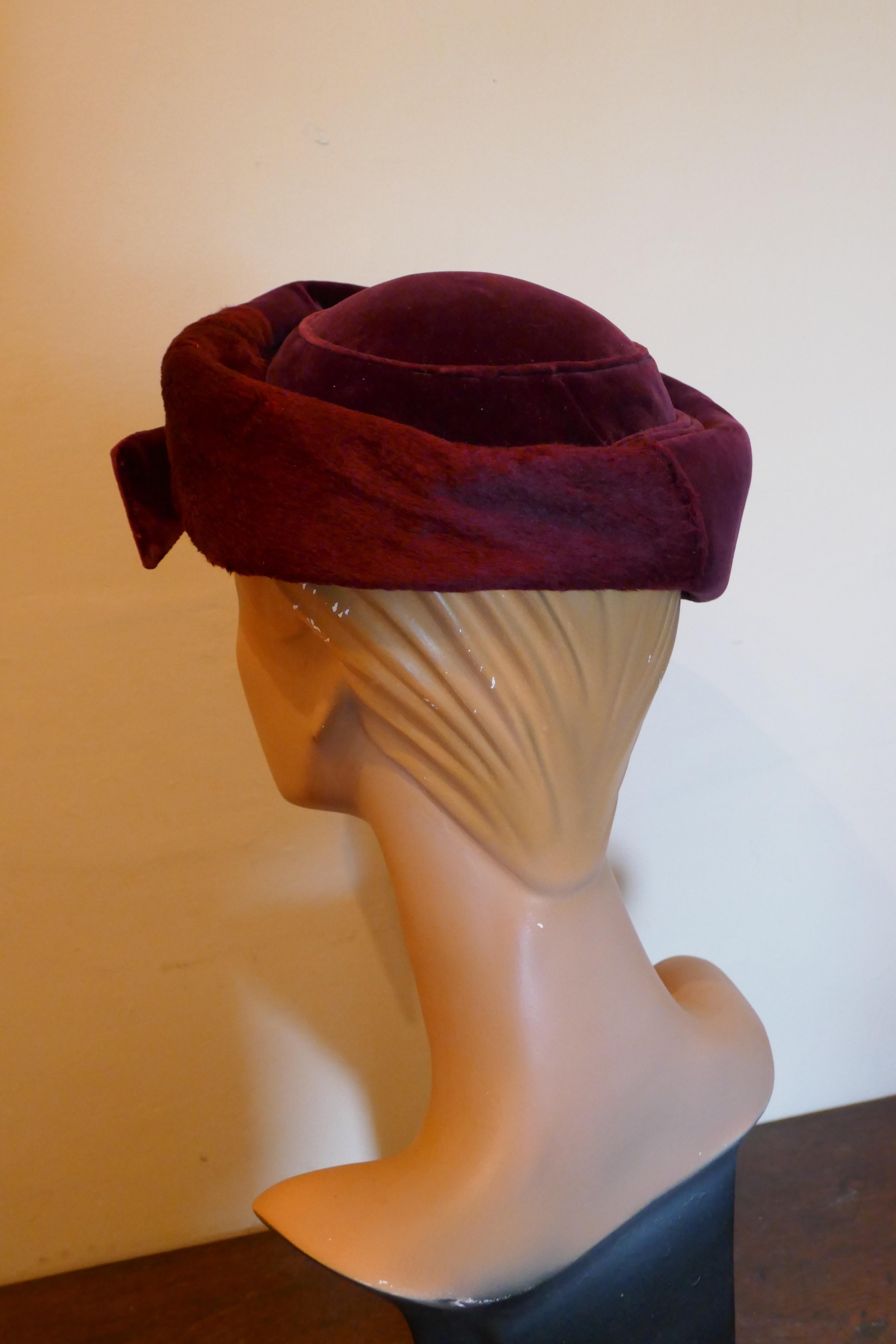 Women's Original 1950s Maroon Felt and Velvet Hat BY Connor