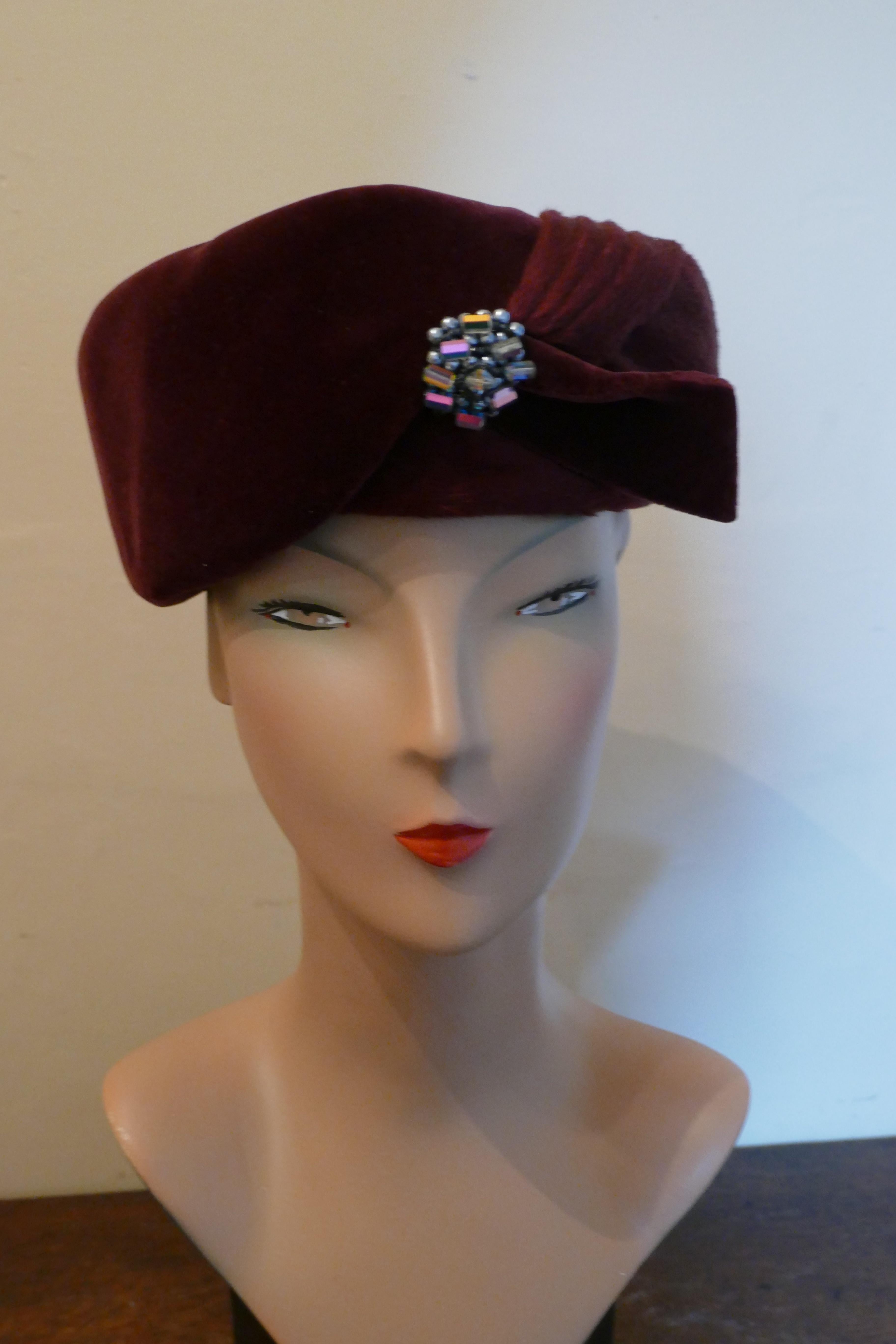 Original 1950s Maroon Felt and Velvet Hat BY Connor 2