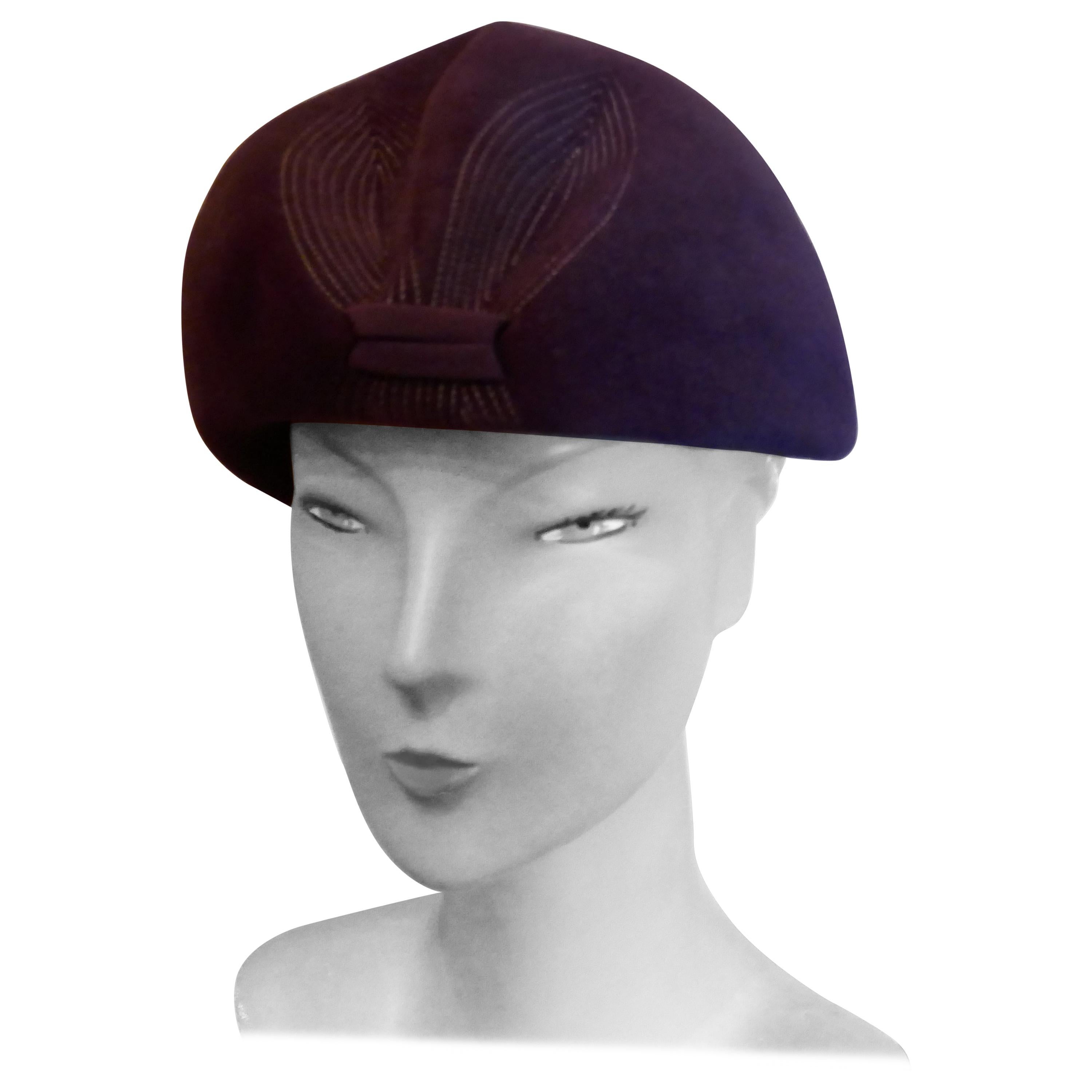 Original 1950s Purple Fur Felt Pill Box Hat, 