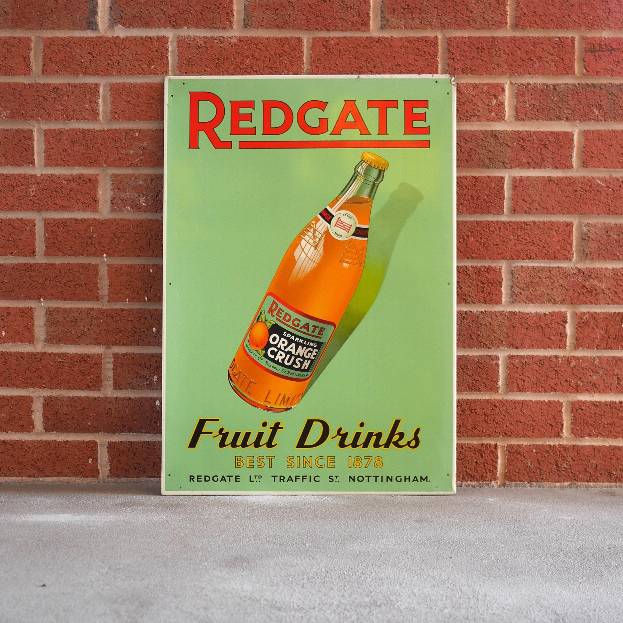A scarcely seen piece of 1950's advertising for Redgate Ltd of Nottingham, England. A striking design featuring the Redgate sparkling orange crush bottle and vibrant orange, green, reds and yellows. Marked with the manufacturers name Reginald