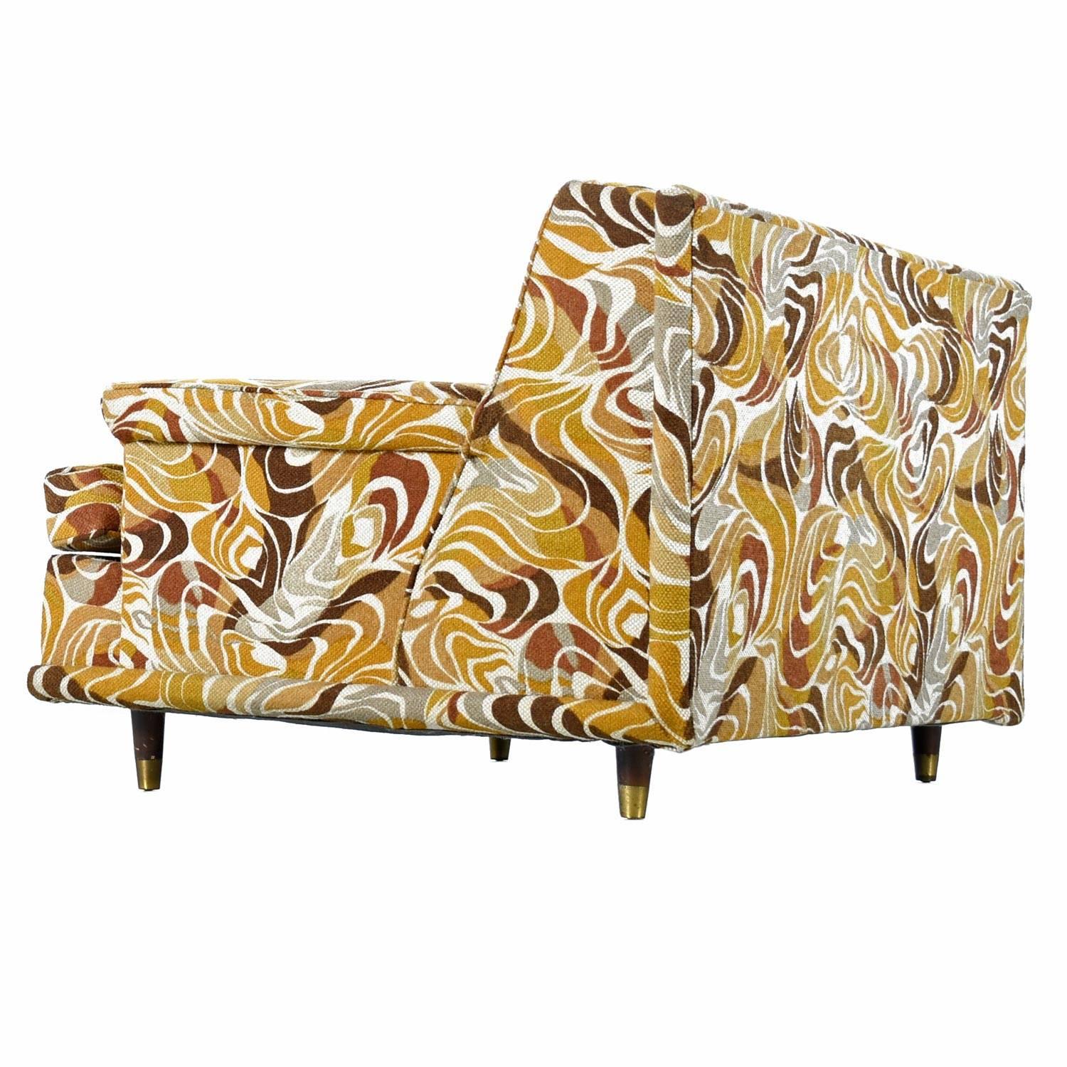 Mid-Century Modern Modular Settee Sofa Set, Original Psychedelic Abstract Print Tribal Fabric