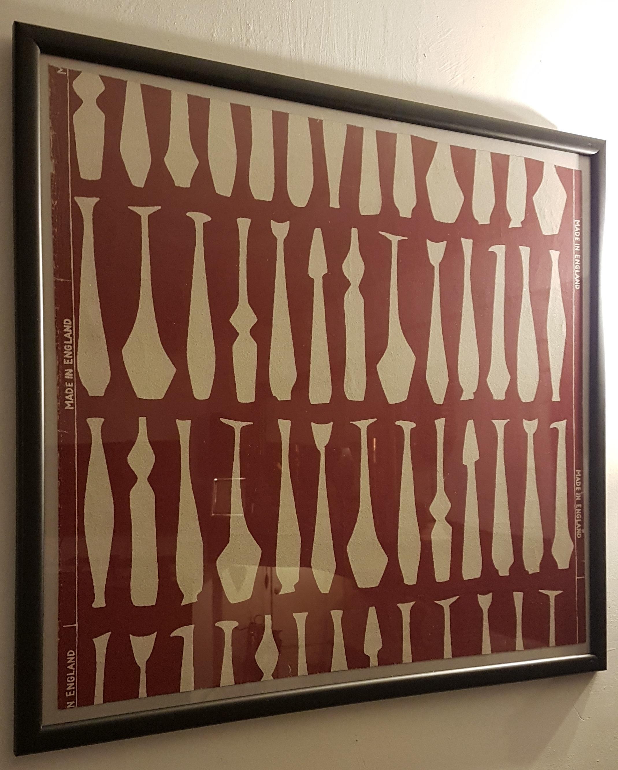 This is an original wallpaper sample from 1952 called Pharos which was designed for Palladio which later became Sanderson. We have had it freshly framed in an elegant rounded matte black frame with glass front and ivory white framing card, to the